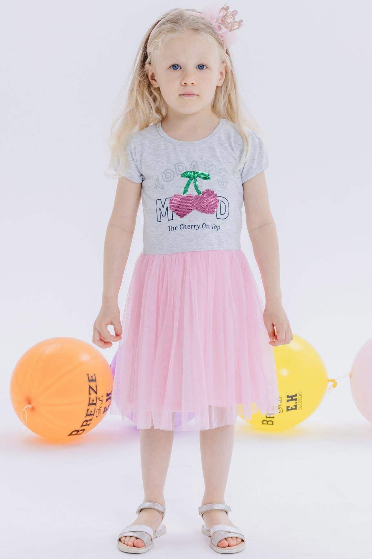 Breeze Kız Bebek Elbise Pullu Tüllü Kirazlı Gri (2 Yaş)