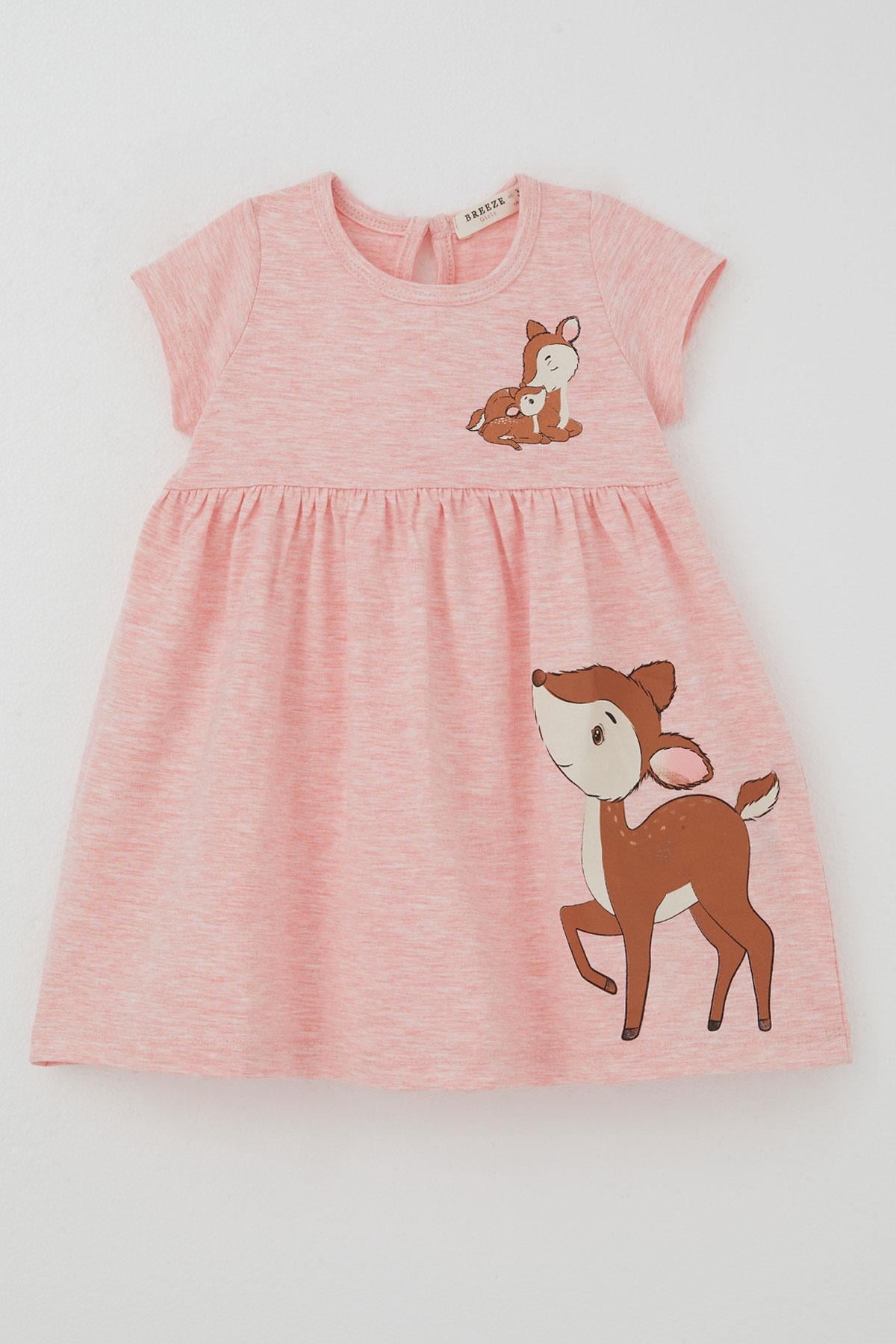 Breeze Kız Bebek Elbise Sevimli Ceylan Baskılı Somon Melanj (1.5-2 Yaş)
