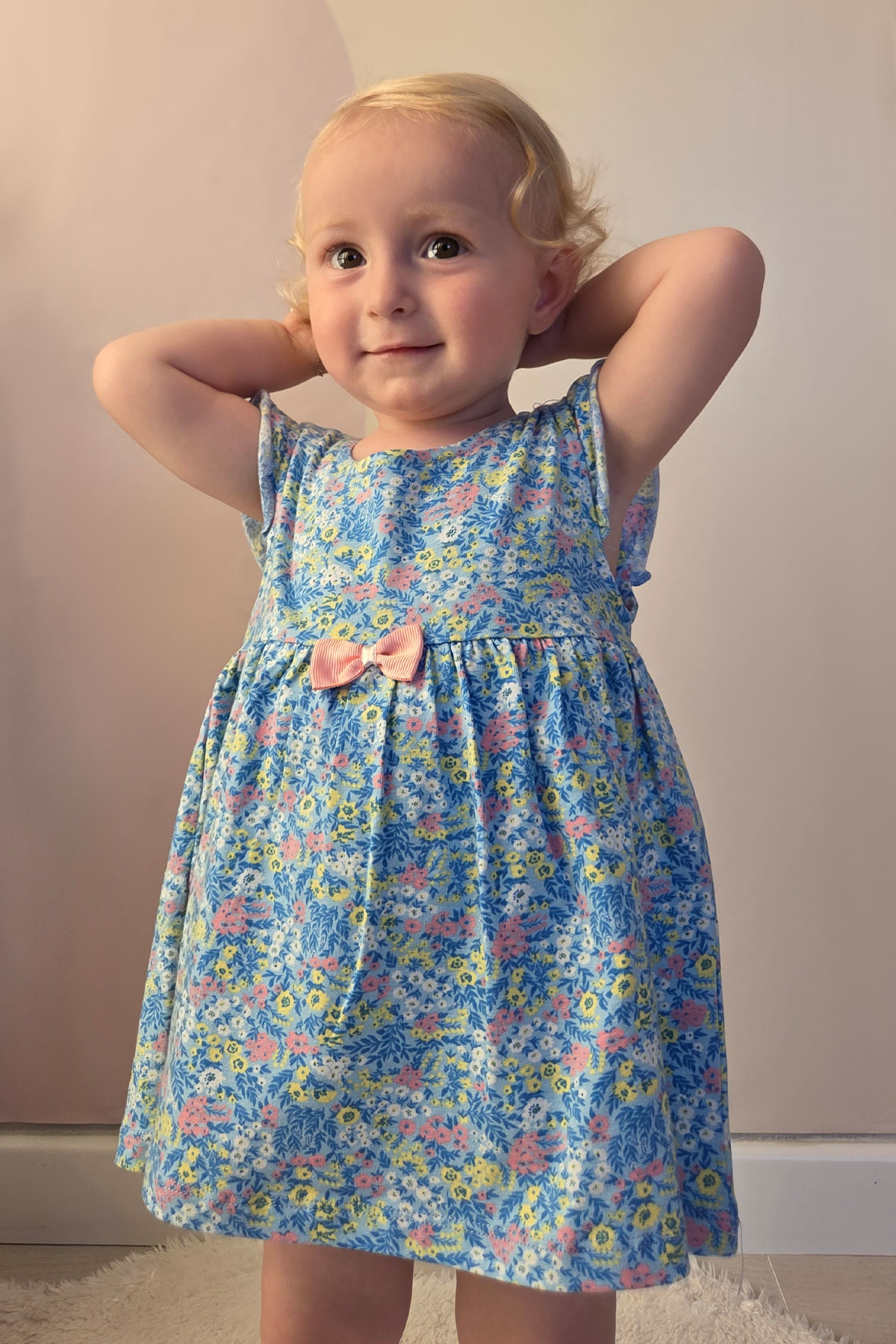 Breeze Kız Bebek Elbise Zıbınlı Çiçek Desenli Fiyonklu Mavi (9 Ay-3 Yaş)