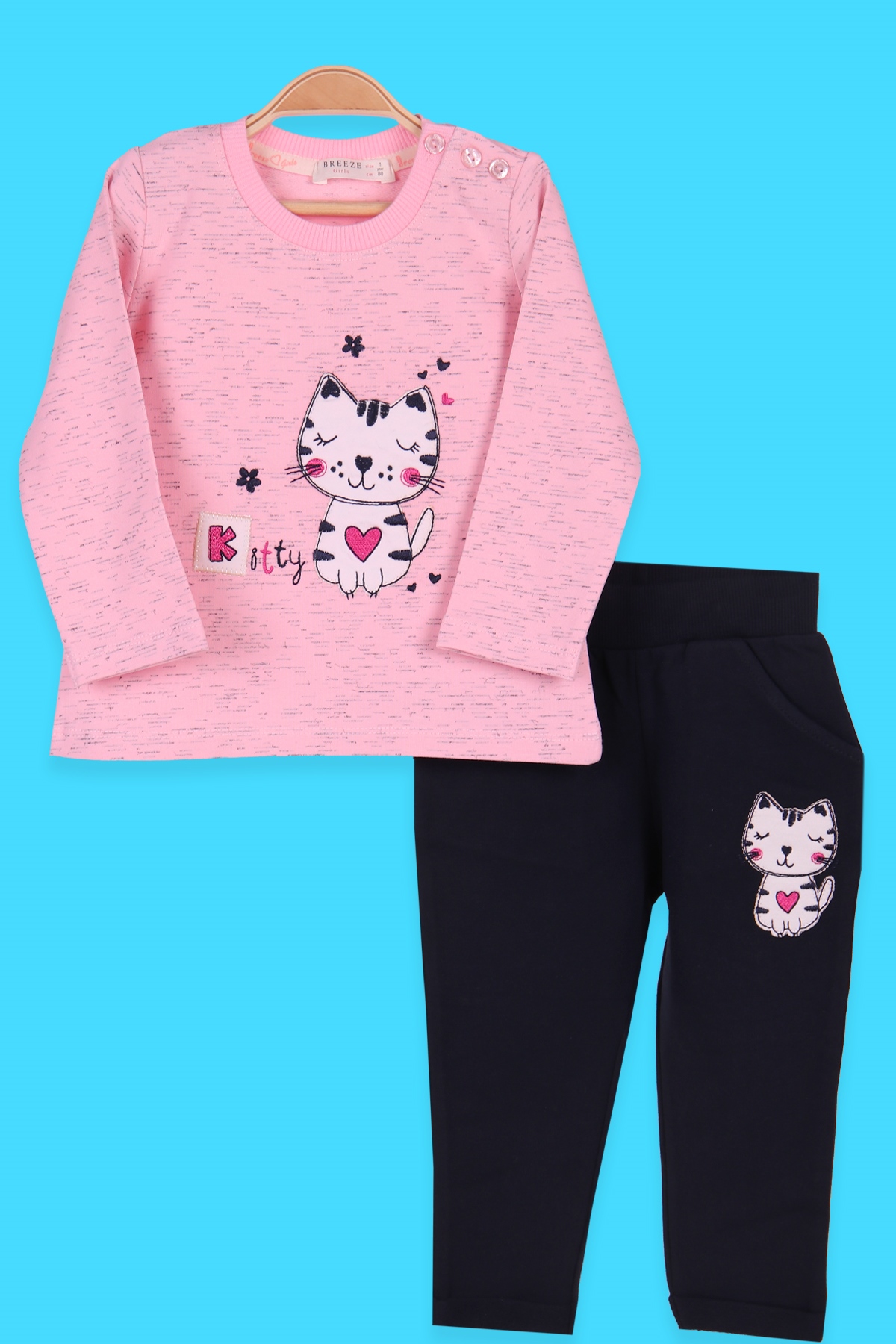 Breeze Kız Bebek Eşofman Takım Kedi Nakışlı Pembe-Lacivert (9 Ay-3 Yaş)