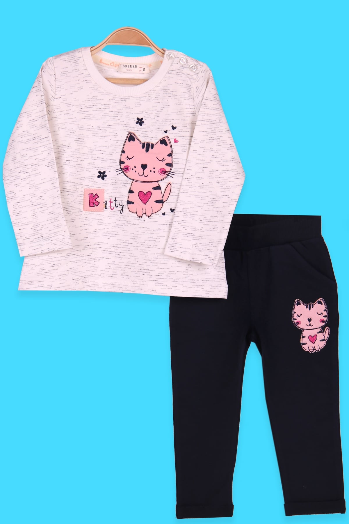 Breeze Kız Bebek Eşofman Takım Kedi Nakışlı Ekru-Lacivert (9 Ay-3 Yaş)