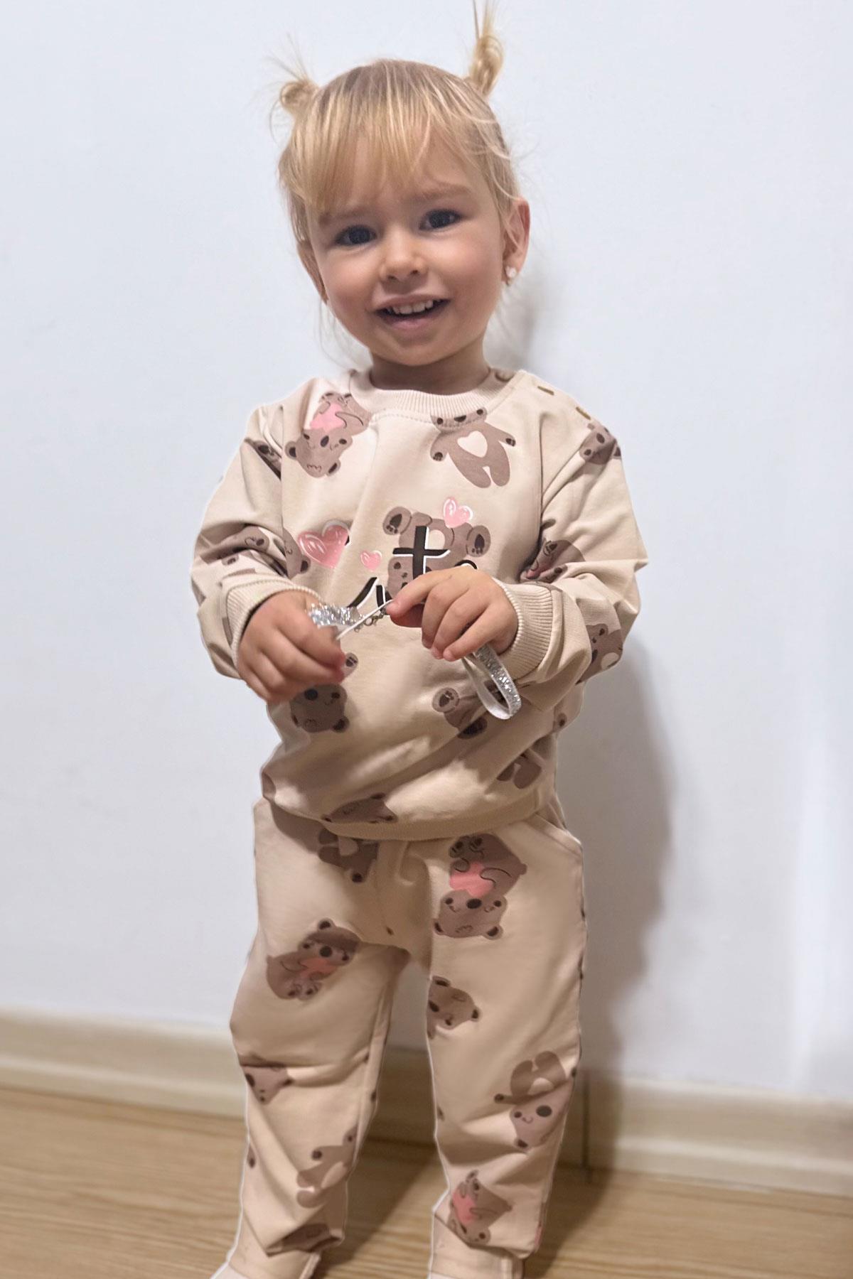 Breeze Kız Bebek Eşofman Takım Mutlu Ayıcık Desenli Bej (6 Ay-1.5 Yaş)