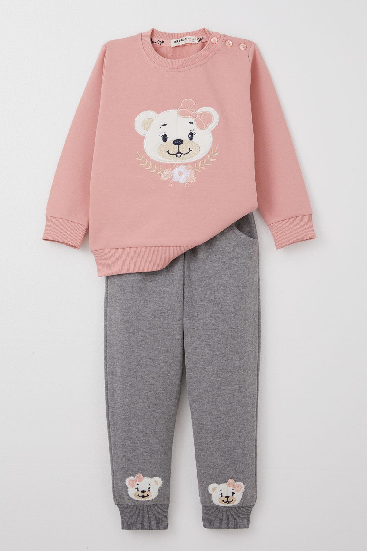 Breeze Kız Bebek Eşofman Takım Sevimli Ayıcık Nakışlı Çiçekli Gülkurusu (9 Ay-3 Yaş)