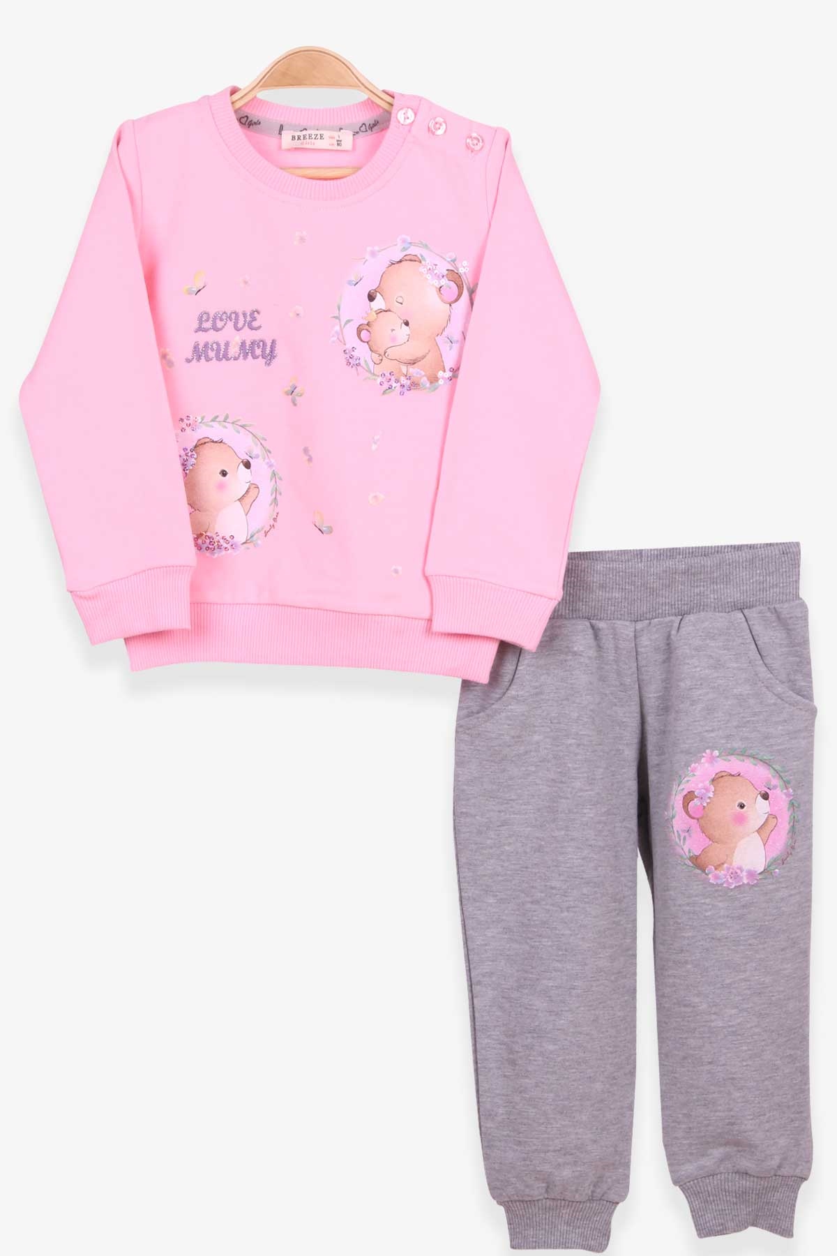 Breeze Kız Bebek Eşofman Takımı Ayıcık Baskılı Pudra (9 Ay-3 Yaş)
