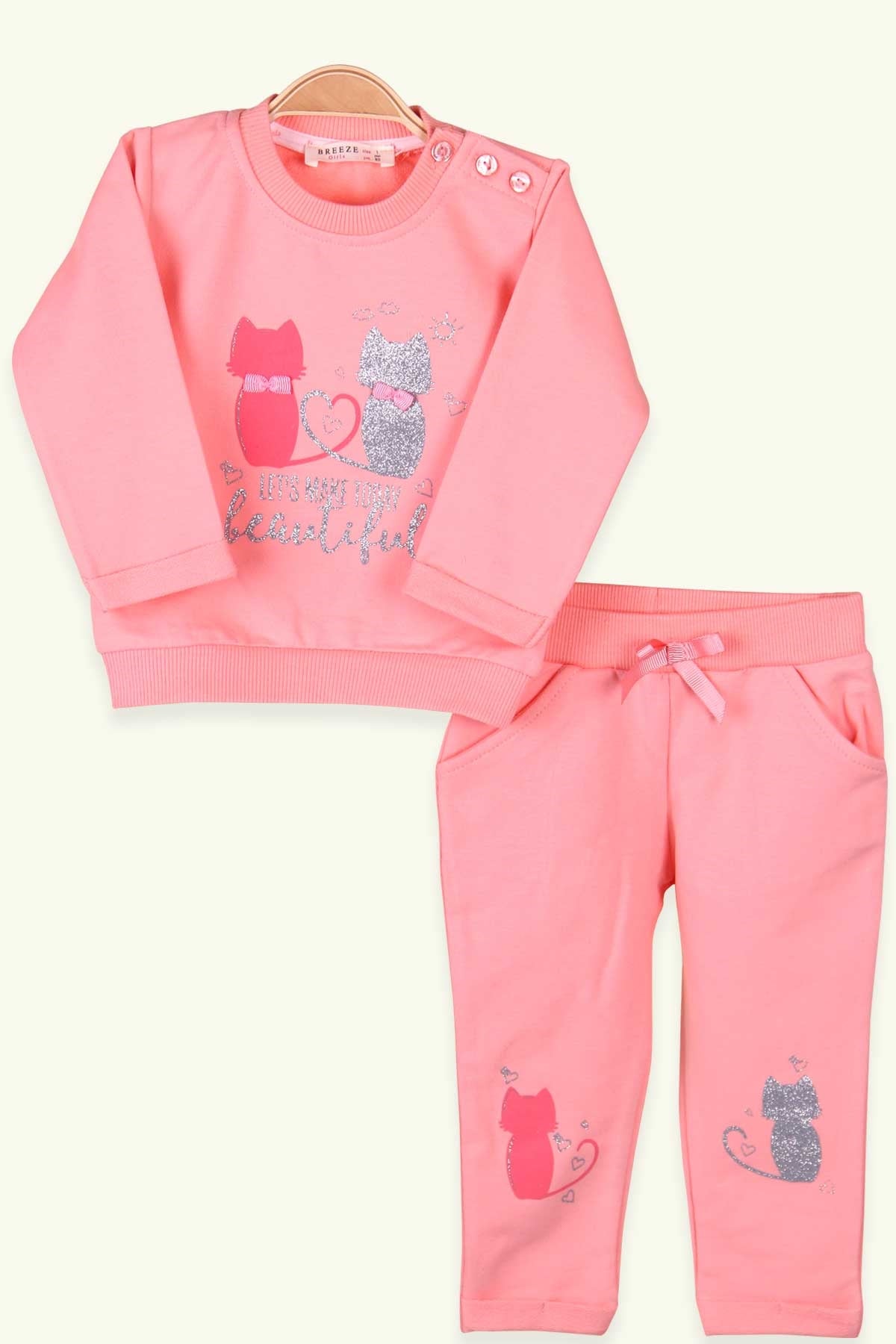 Breeze Kız Bebek Eşofman Takımı Baskısı Simli Somon (4 Ay-1.5 Yaş)