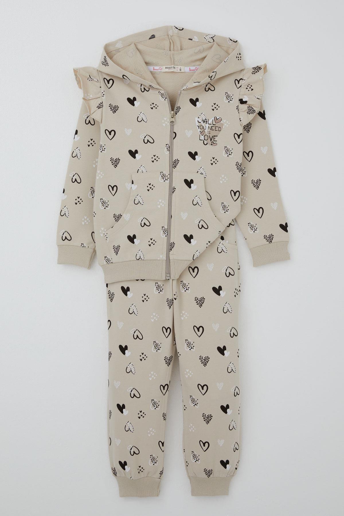 Breeze Kız Bebek Eşofman Takımı Kalp Desenli Omuzu Fırfır Detaylı Kapüşonlu Bej (9 Ay-3 Yaş)
