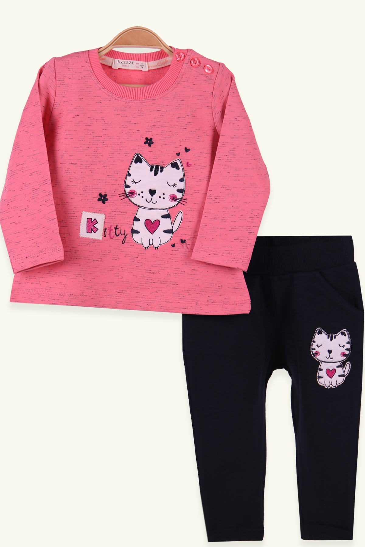 Breeze Kız Bebek Eşofman Takımı Kedi Nakışlı Mercan (9 Ay-3 Yaş)