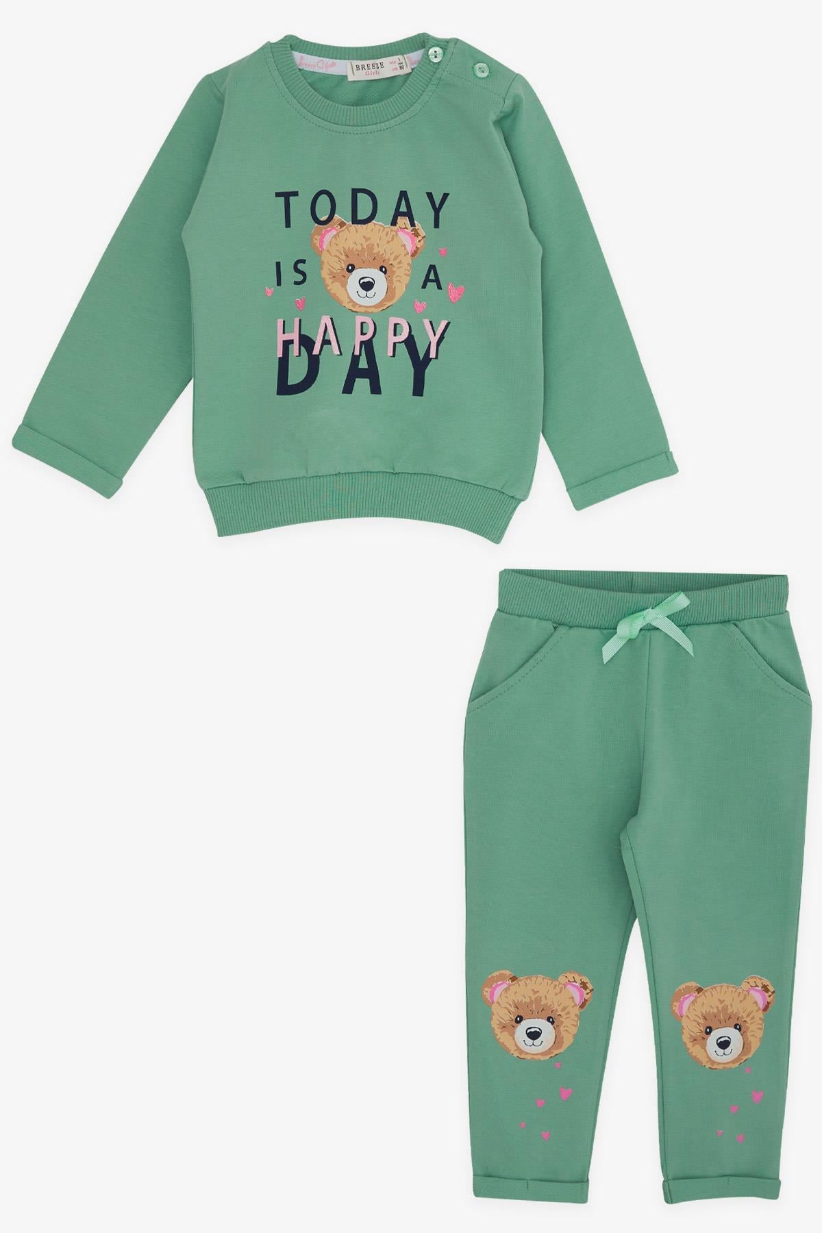 Breeze Kız Bebek Eşofman Takımı Mutlu Ayıcık Baskılı Mint Yeşili (4 Ay-1.5 Yaş)