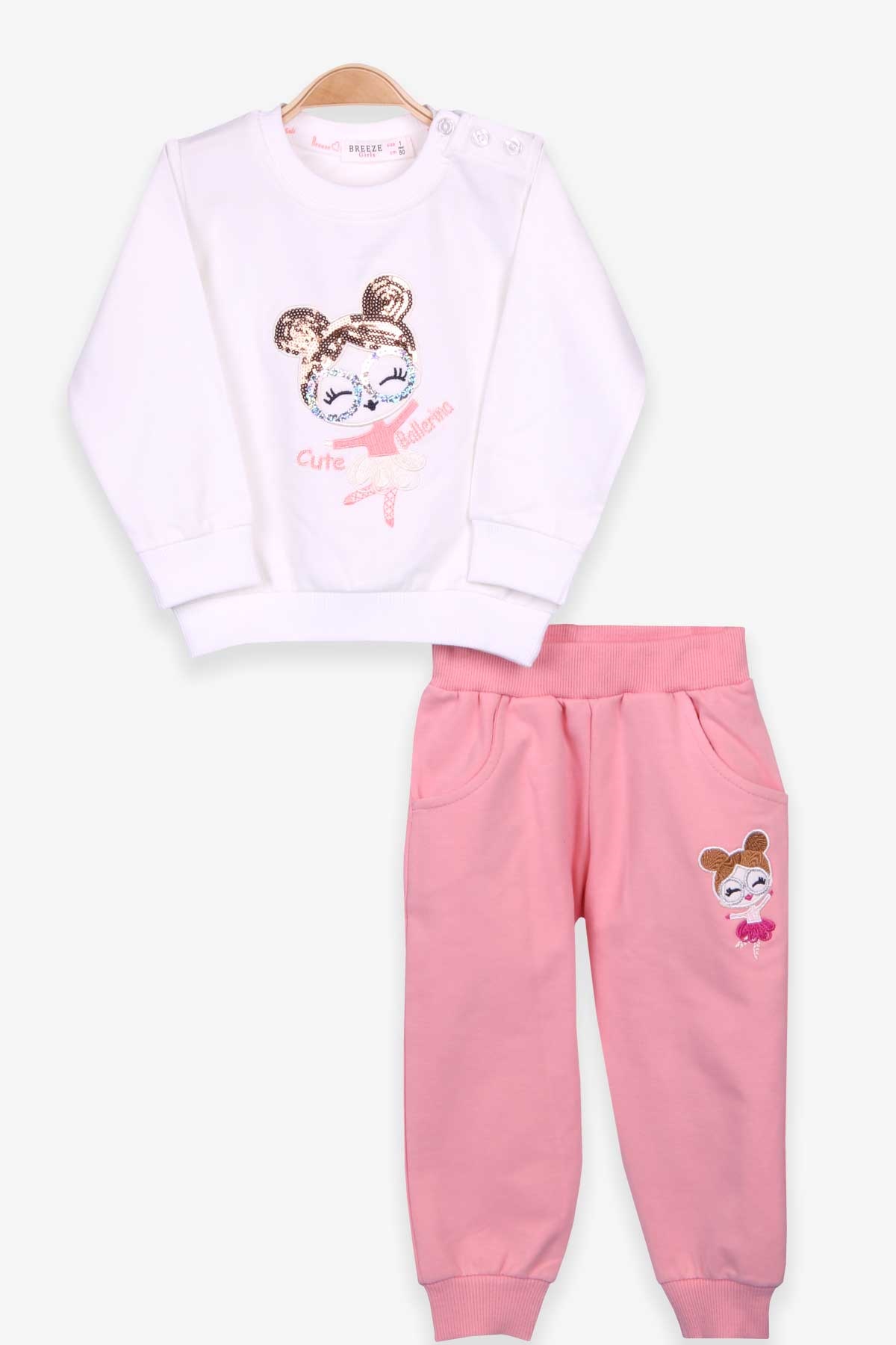 Breeze Kız Bebek Eşofman Takımı Nakışlı Pullu Ekru (9 Ay-3 Yaş)