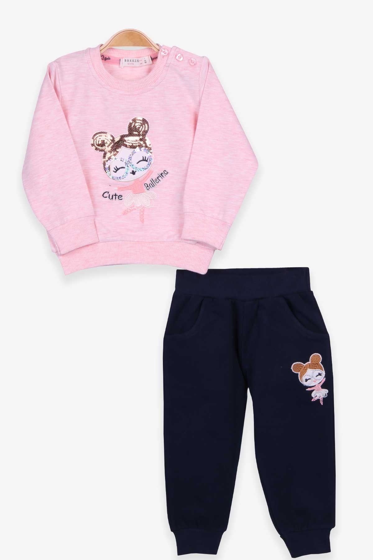 Breeze Kız Bebek Eşofman Takımı Nakışlı Pullu Somon Melanj (9 Ay-3 Yaş)