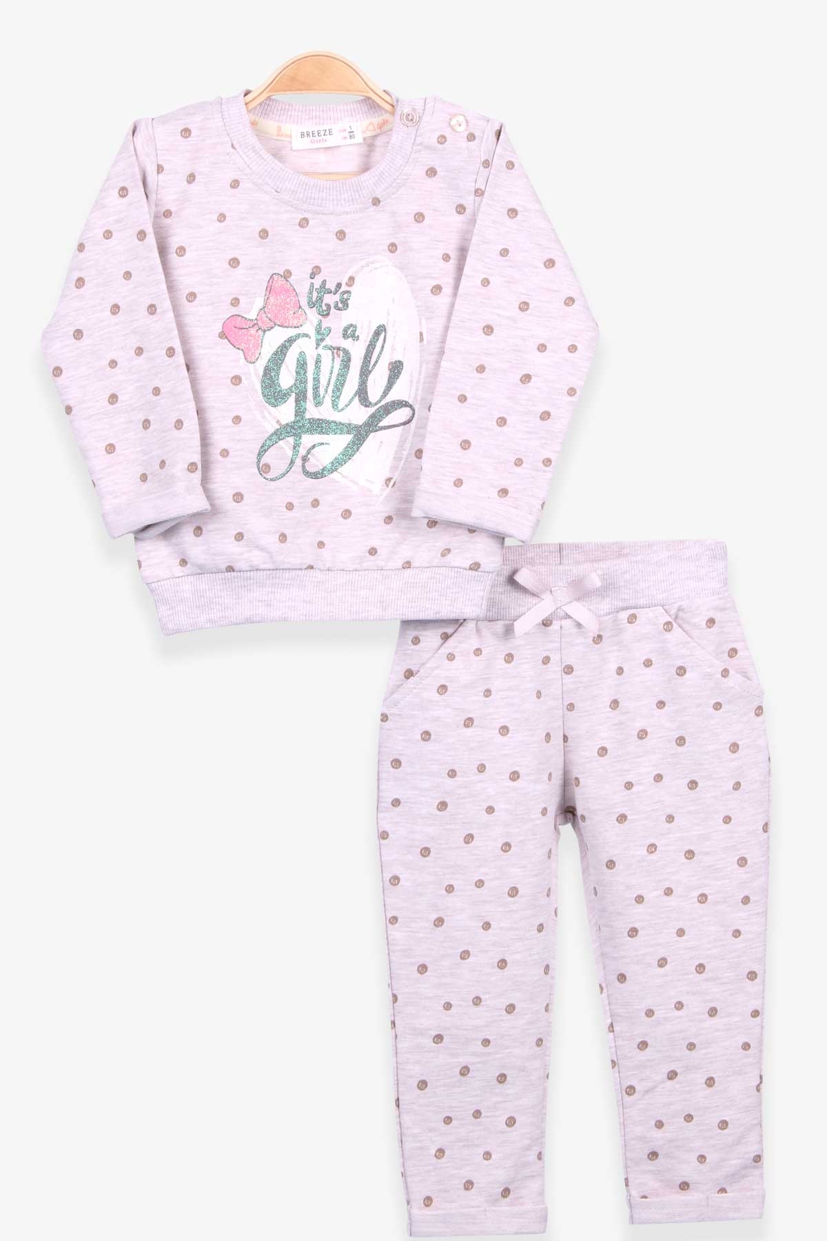Breeze Kız Bebek Eşofman Takımı Puantiyeli Simli Baskılı Bej (6 Ay-2 Yaş)