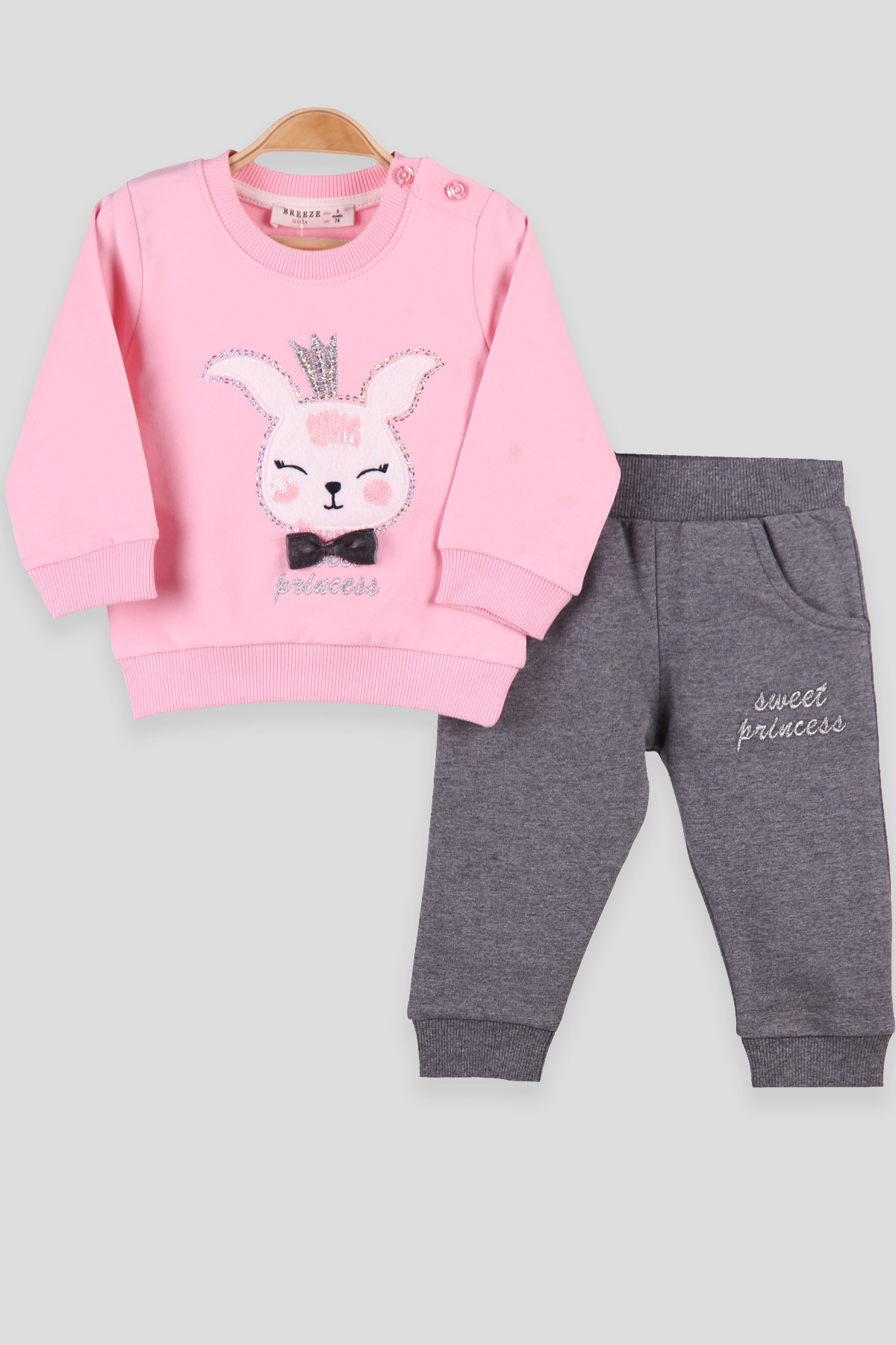 Breeze Kız Bebek Eşofman Takımı Pul İşlemeli Pembe-Gri (9 Ay-3 Yaş)