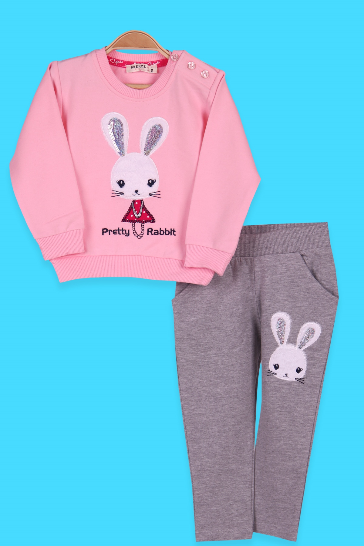 Breeze Kız Bebek Eşofman Takımı Pullu Tavşanlı Pembe-Gri (9 Ay-3 Yaş)