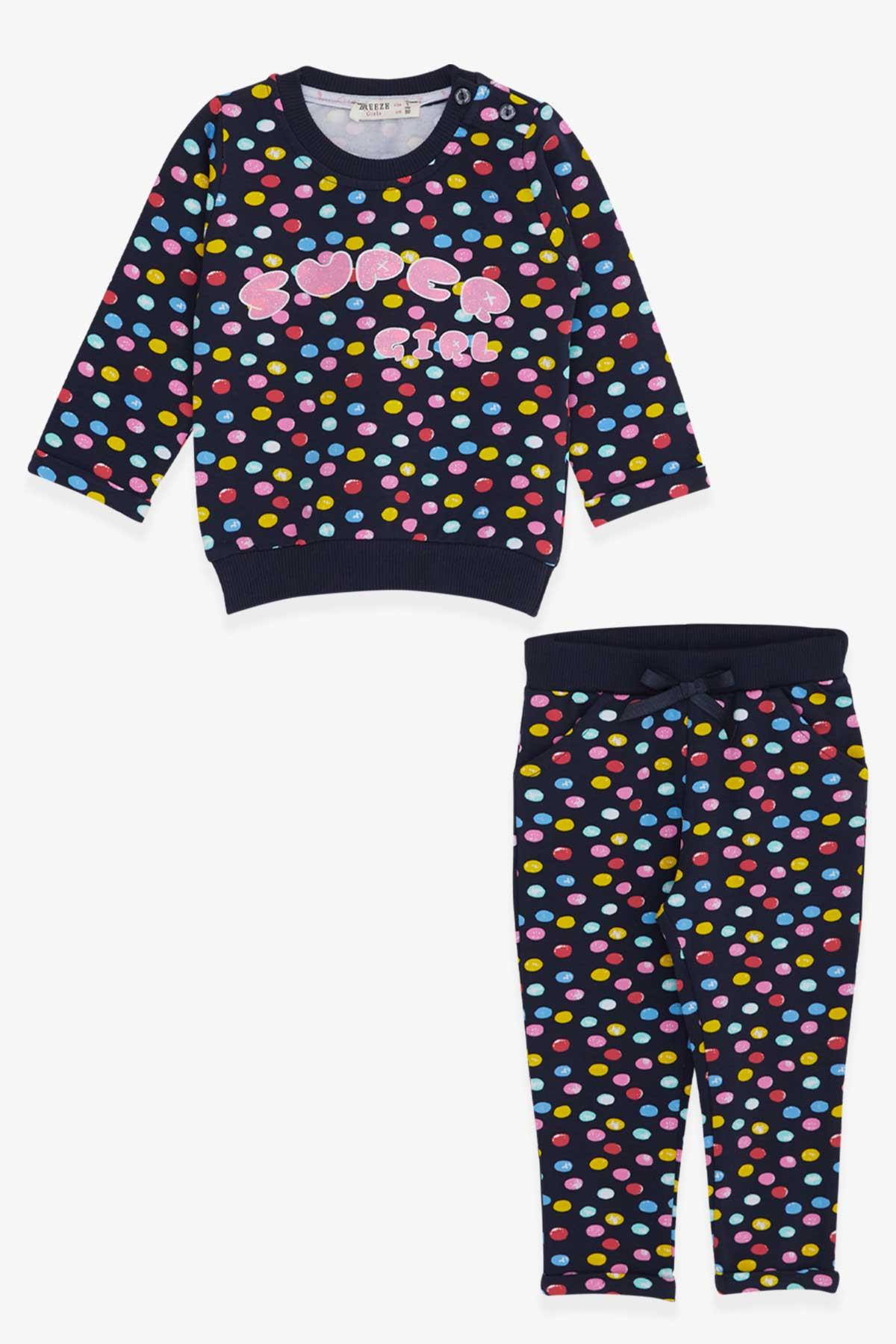 Breeze Kız Bebek Eşofman Takımı Renkli Puantiye Desenli Lacivert (6 Ay-2 Yaş)