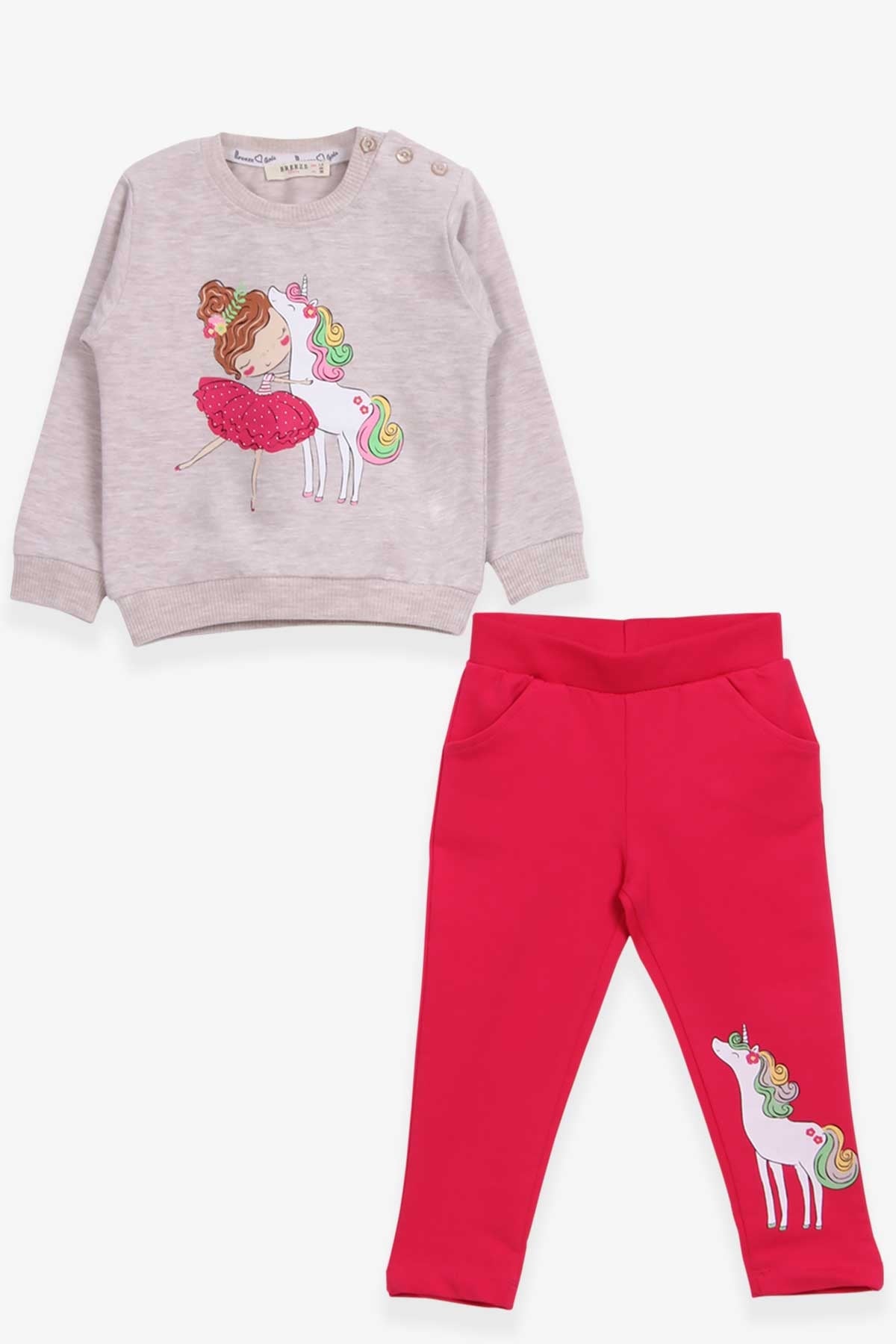 Breeze Kız Bebek Eşofman Takımı Sevimli Dostlar Temalı Bej Melanj (9 Ay-3 Yaş)