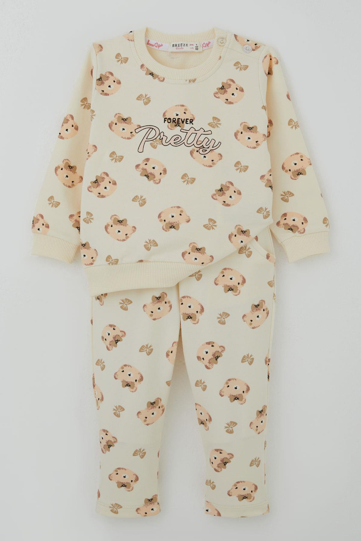 Breeze Kız Bebek Eşofman Takımı Sevimli Fiyonklu Ayıcık Desenli Krem (6 Ay-2 Yaş)