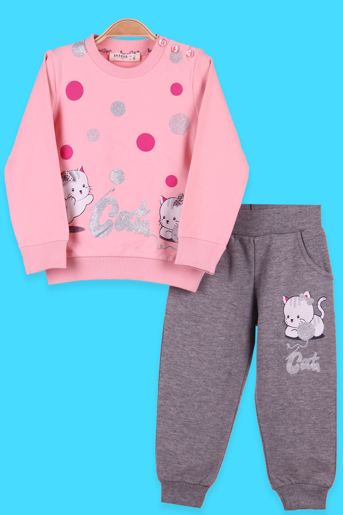 Breeze Kız Bebek Eşofman Takımı Simli Kedili Pembe (6-18 Ay)