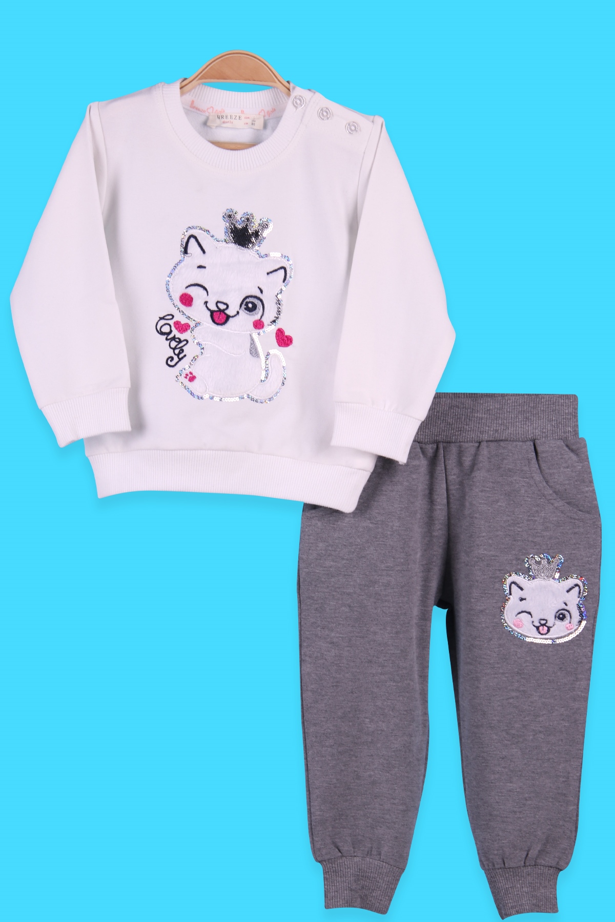Breeze Kız Bebek Eşofman Takımı Taçlı Kedi Desenli Ekru (9 Ay-3 Yaş)