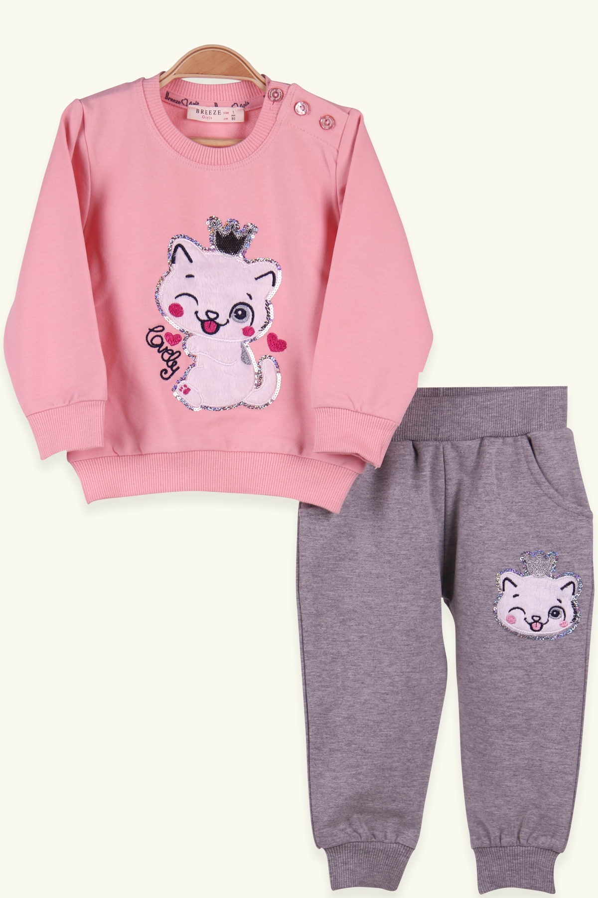 Breeze Kız Bebek Eşofman Takımı Taçlı Kedi Desenli Pudra (9 Ay-3 Yaş)