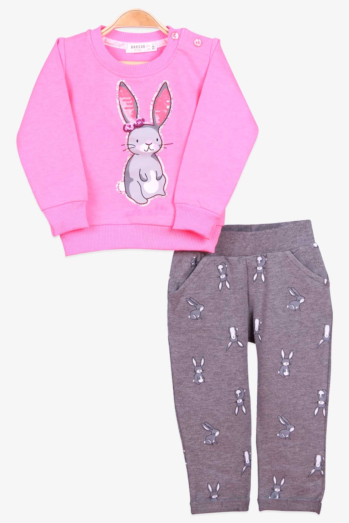 Breeze Kız Bebek Eşofman Takımı Tavşan Baskılı Pullu Neon Pembe (9 Ay-3 Yaş)