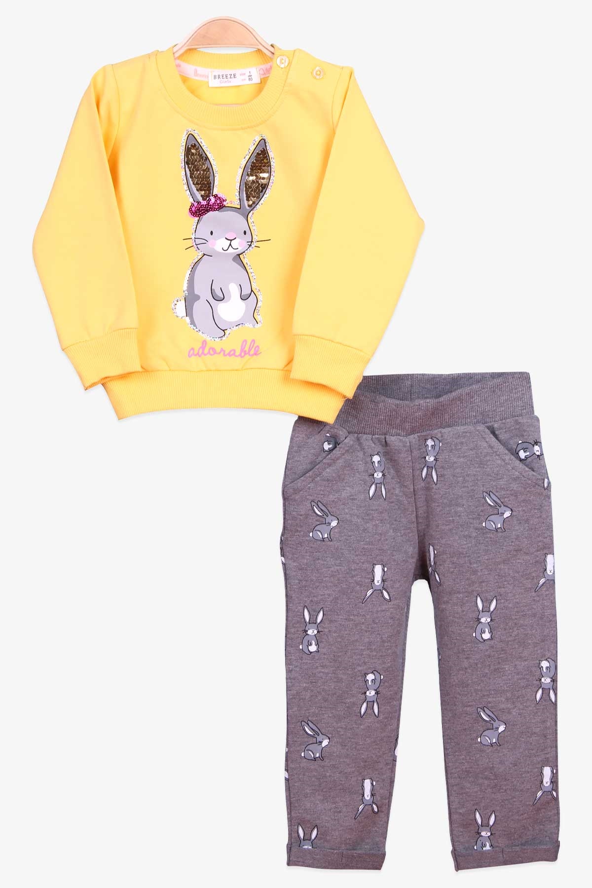 Breeze Kız Bebek Eşofman Takımı Tavşan Baskılı Pullu Sarı (9 Ay-3 Yaş)