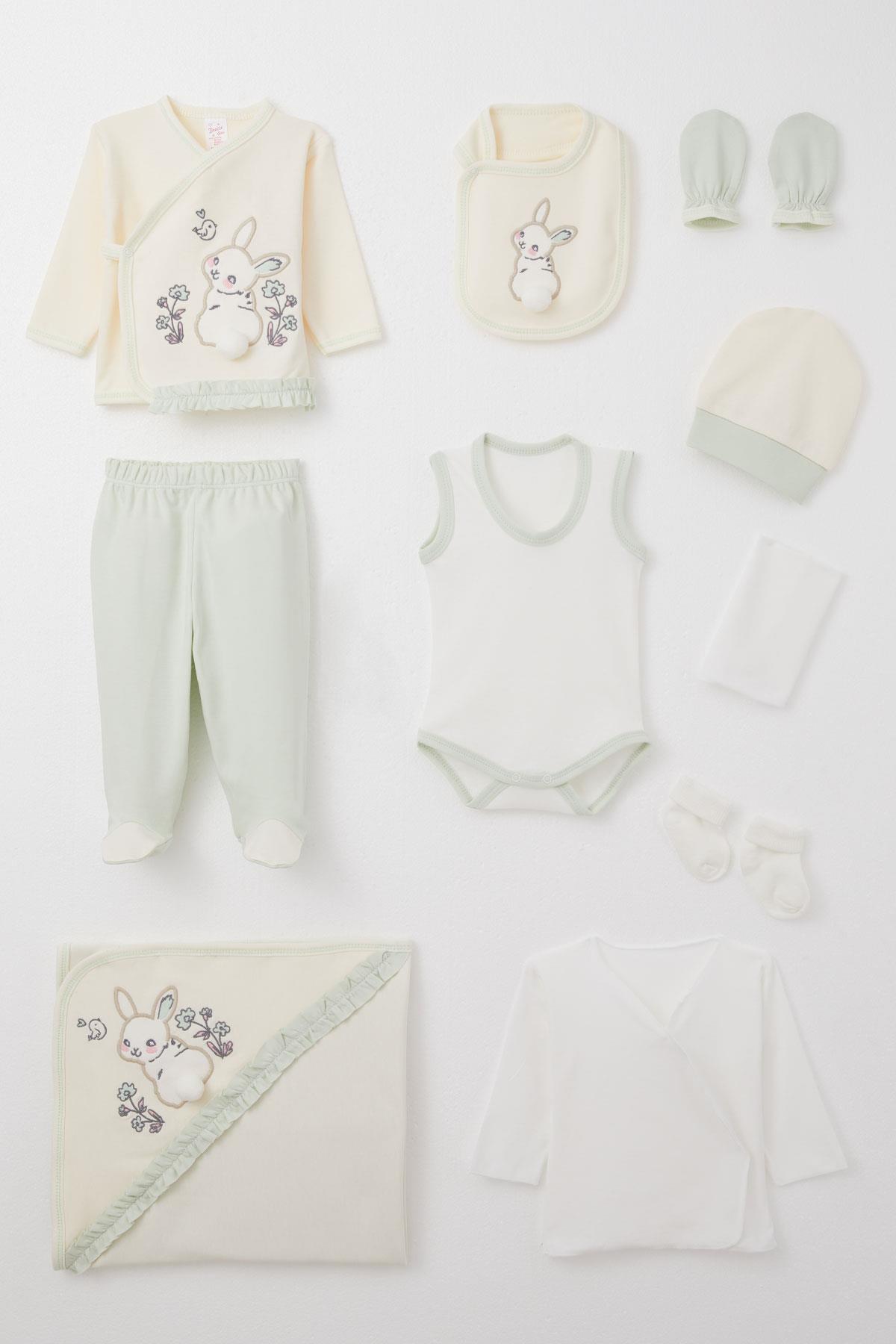 Breeze Kız Bebek Hastane Çıkışı 10 lu Tavşan Nakışlı & Çiçekli Krem (0-3 Ay)