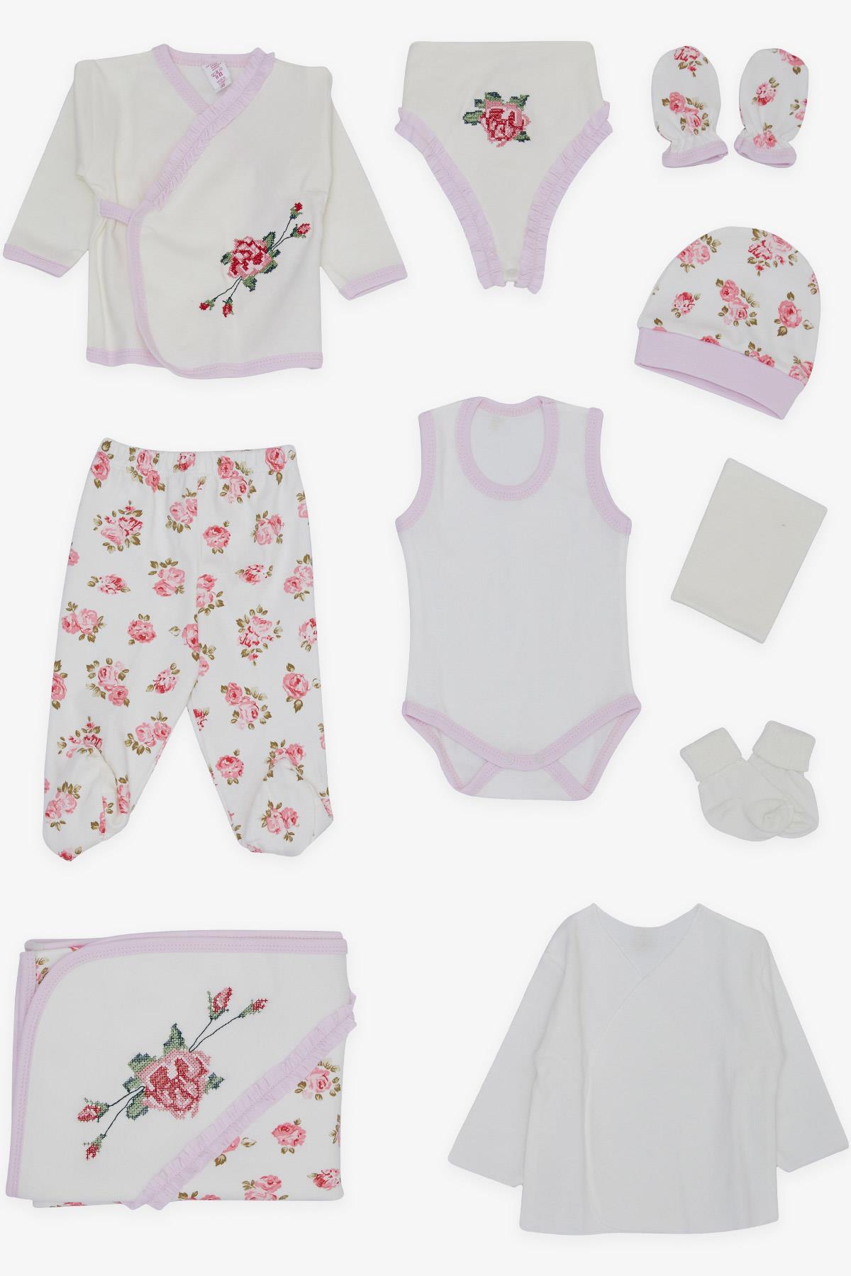 Breeze Kız Bebek Hastane Çıkışı 10 lu Çiçek Desenli Nakışlı Ekru (0-3 Ay)