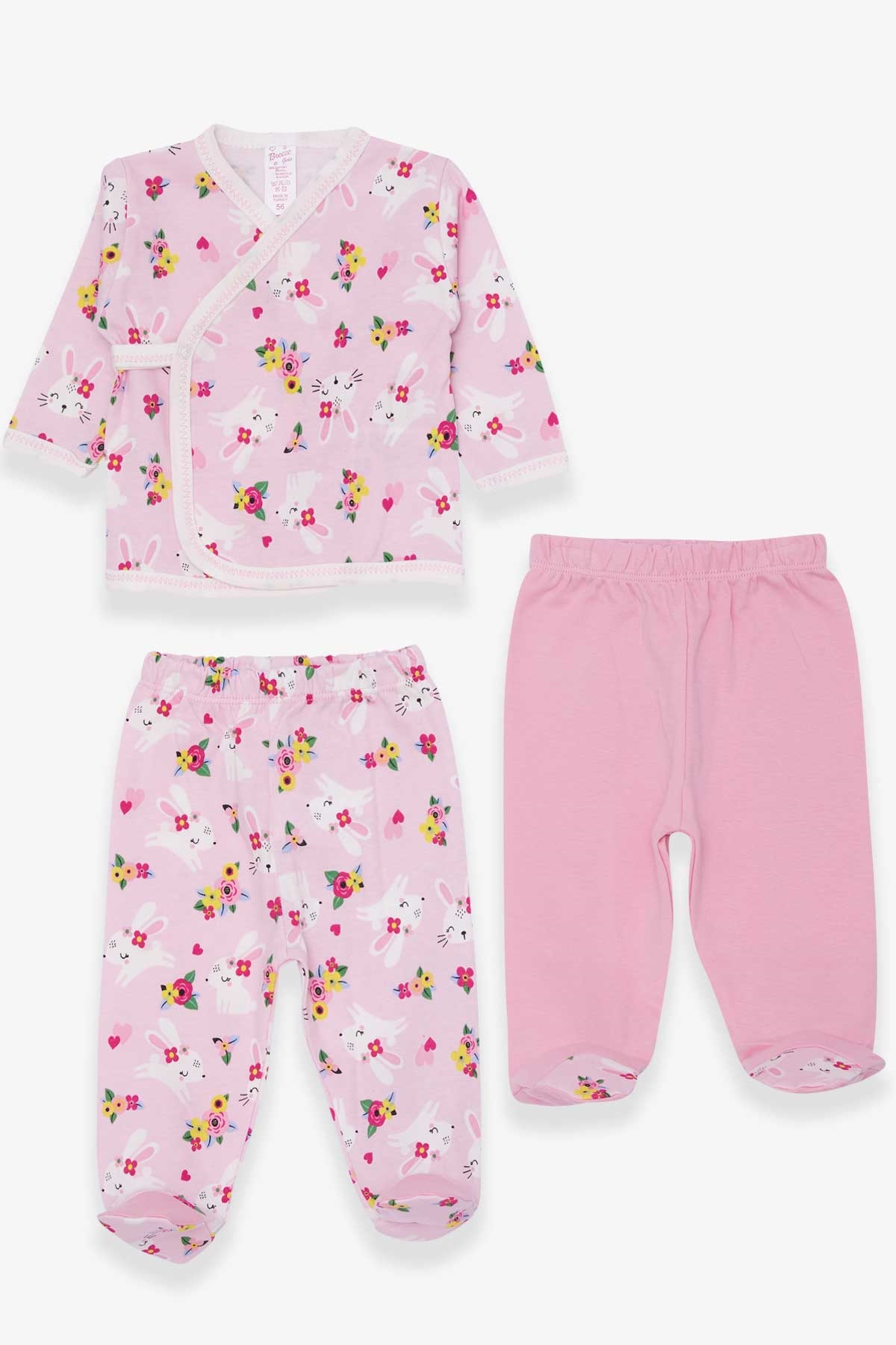Breeze Kız Bebek Hastane Çıkışı 3 lü Çiçekli Tavşancık Desenli Pembe (0-3 Ay-4 Ay)
