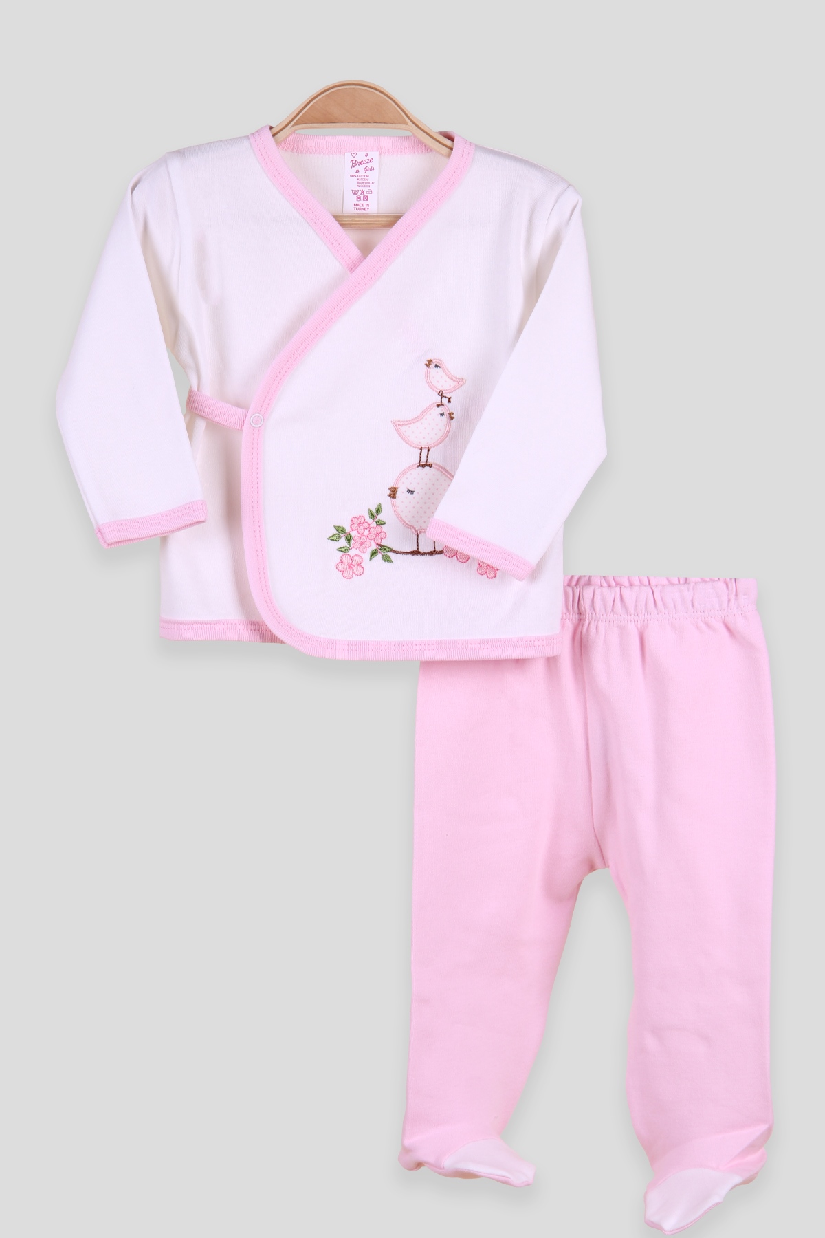 Breeze Kız Bebek Hastane Çıkışı 3 lü Kuş Nakışlı Pembe (0-3 Ay-4 Ay)