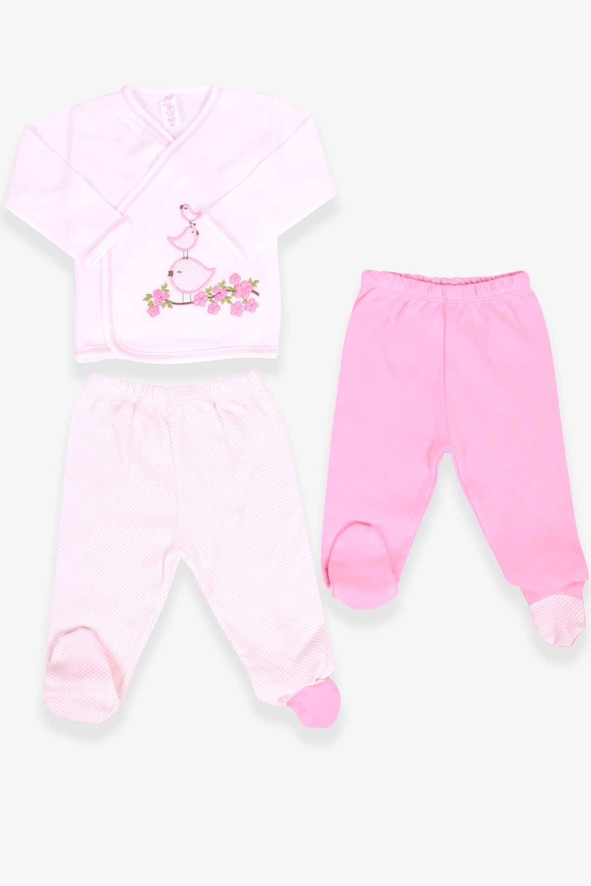 Breeze Kız Bebek Hastane Çıkışı 3 lü Set Kuş Nakışlı Ekru (0-3 Ay-4 Ay)
