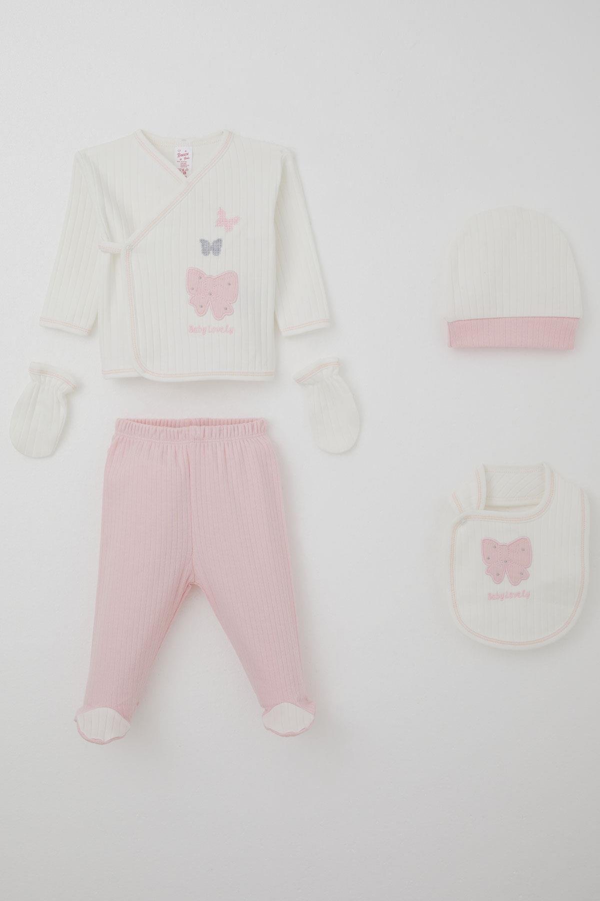 Breeze Kız Bebek Hastane Çıkışı 5 li Fiyonk & Kelebek Nakışlı Ekru (0-3 Ay)