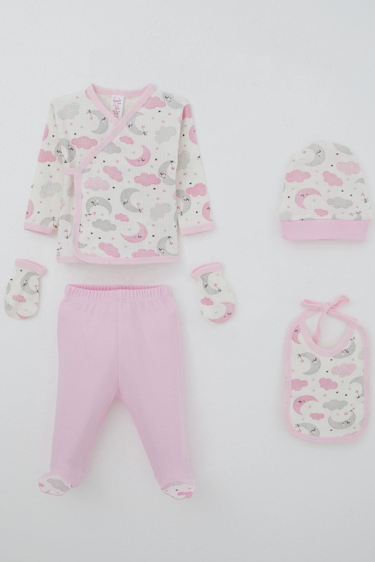 Breeze Kız Bebek Hastane Çıkışı 5 li Gökyüzü Temalı Uykucu Ay Desenli Ekru (0-3 Ay)