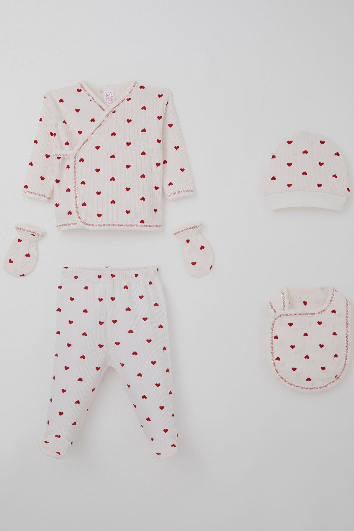 Breeze Kız Bebek Hastane Çıkışı 5 li Kalp Desenli Ekru (0-3 Ay)