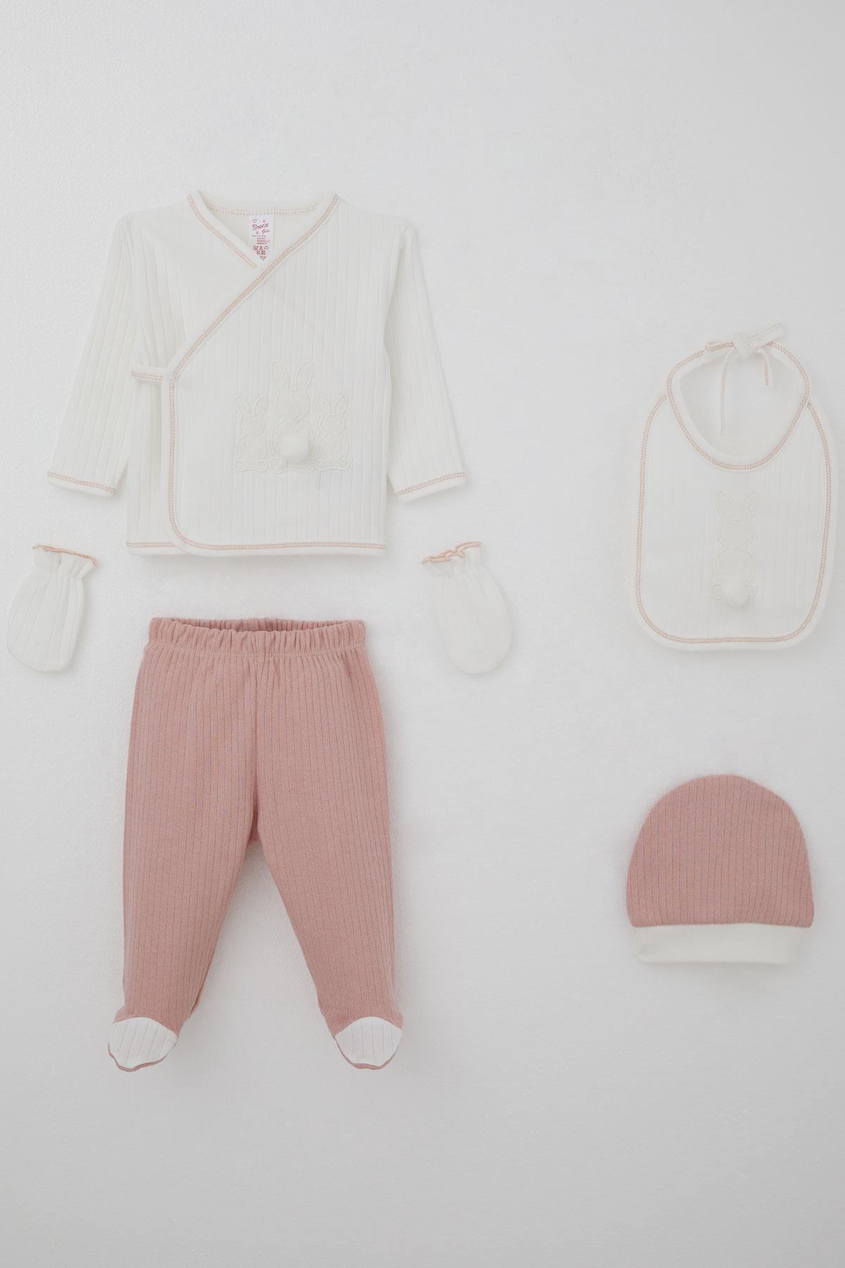 Breeze Kız Bebek Hastane Çıkışı 5 li Ponponlu Tavşancık Nakışlı Ekru (0-3 Ay)