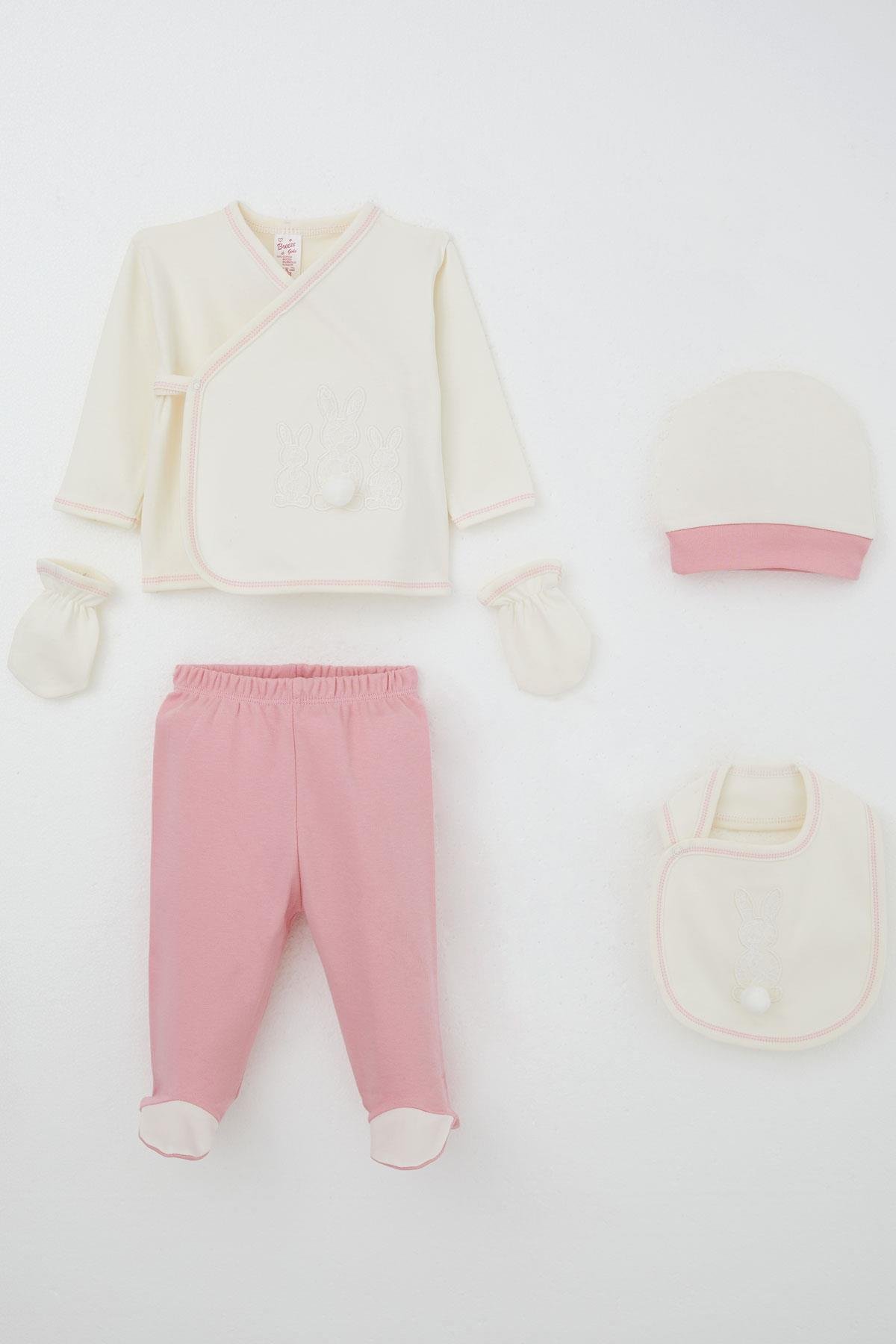 Breeze Kız Bebek Hastane Çıkışı 5 li Ponponlu Tavşancık Nakışlı Ekru (0-3 Ay)