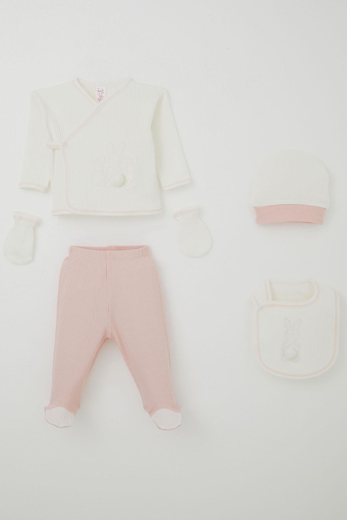 Breeze Kız Bebek Hastane Çıkışı 5 li Ponponlu Tavşancık Nakışlı Ekru (0-3 Ay)