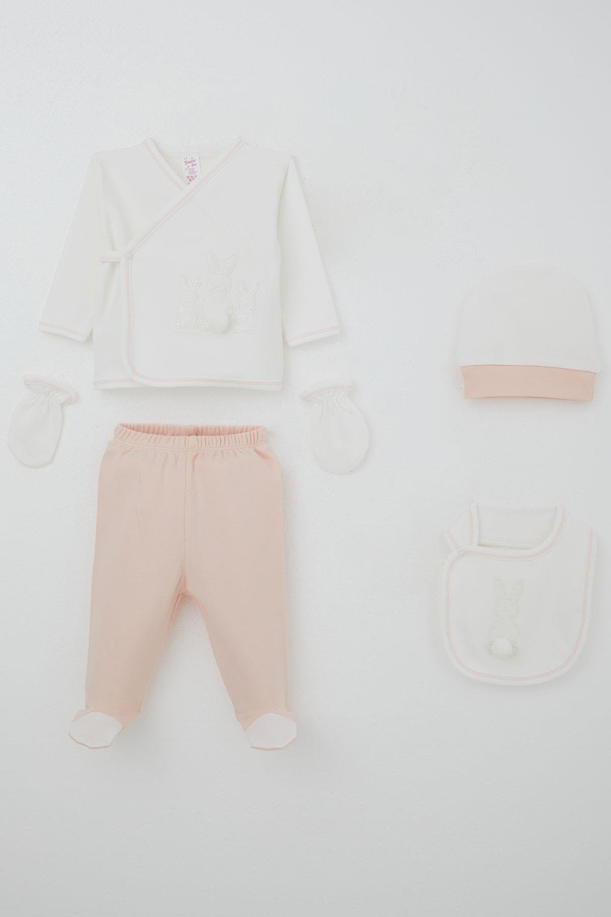 Breeze Kız Bebek Hastane Çıkışı 5 li Ponponlu Tavşancık Nakışlı Ekru (0-3 Ay)