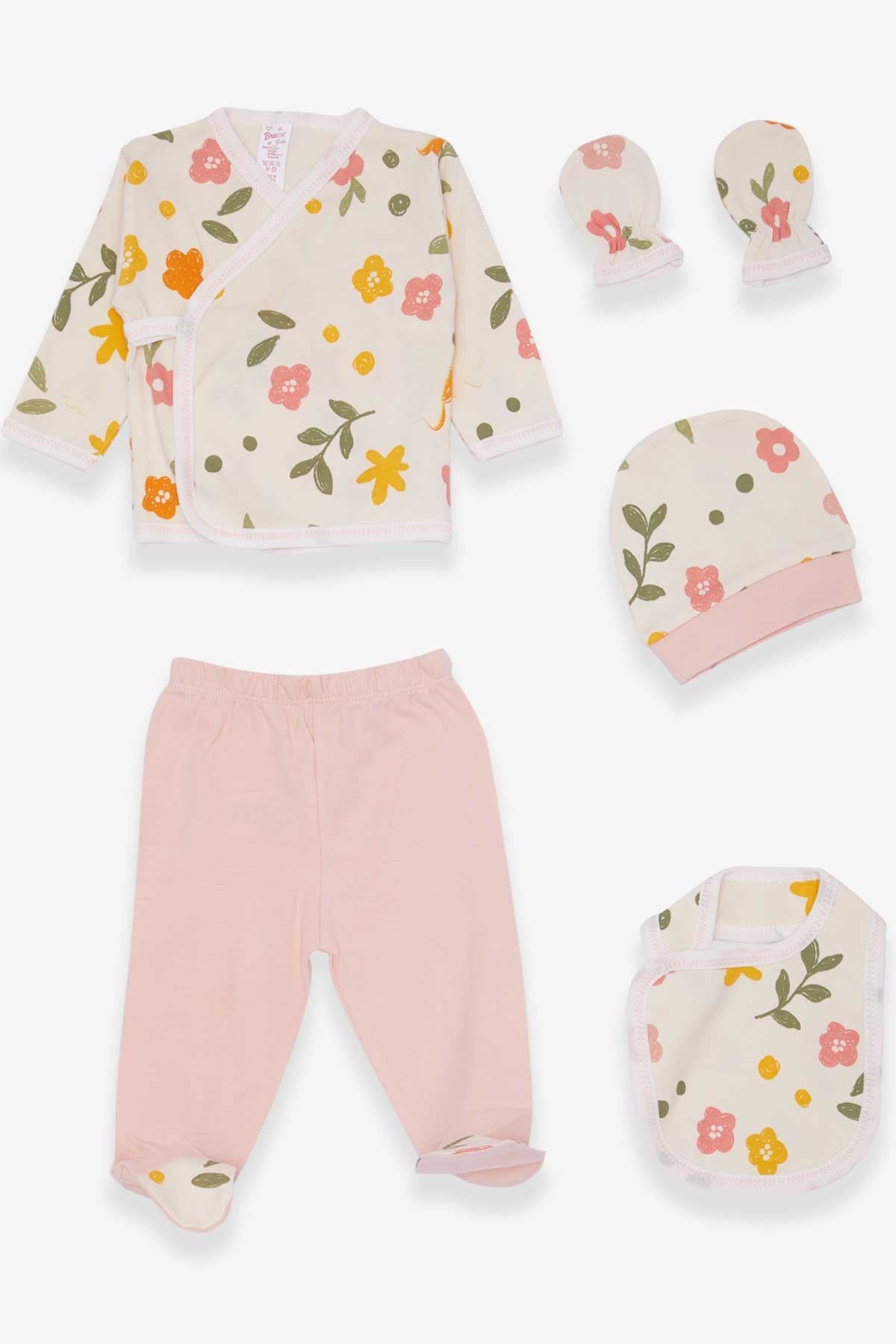 Breeze Kız Bebek Hastane Çıkışı 5 li Set Çiçek Desenli Krem (0-3 Ay)