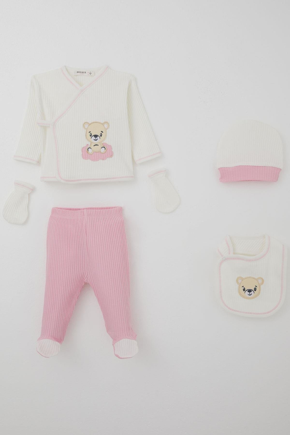 Breeze Kız Bebek Hastane Çıkışı 5 li Sevimli Bebek Ayıcık Nakışlı Ekru (0-3 Ay)