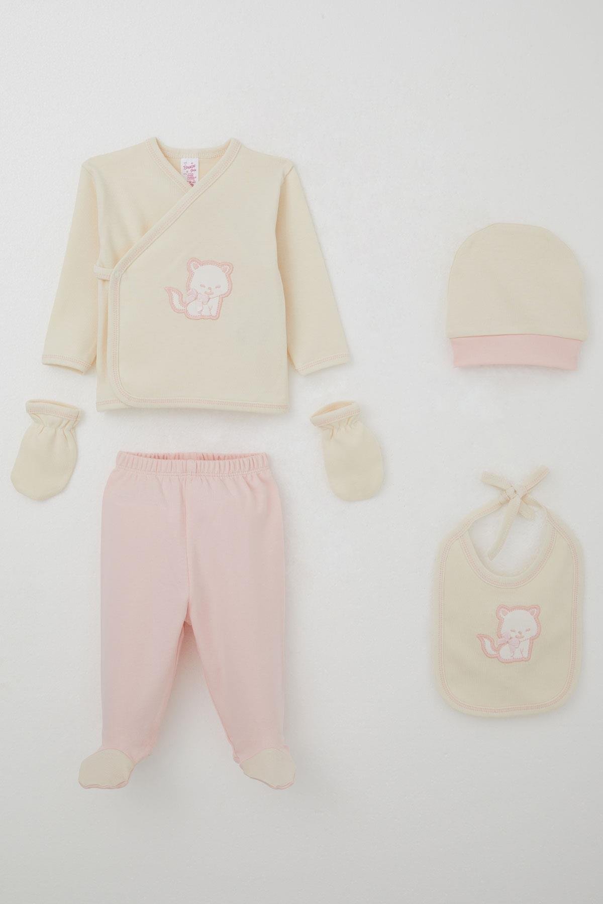 Breeze Kız Bebek Hastane Çıkışı 5 li Sevimli Kedi Nakışlı Fiyonklu Krem (0-3 Ay)