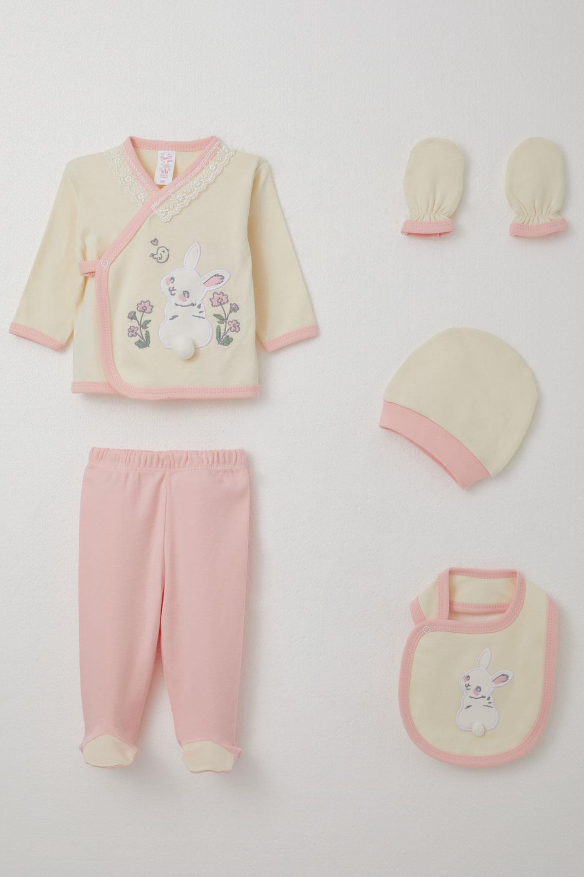 Breeze Kız Bebek Hastane Çıkışı 5 li Tavşan Nakışlı & Çiçekli Krem (0-3 Ay)