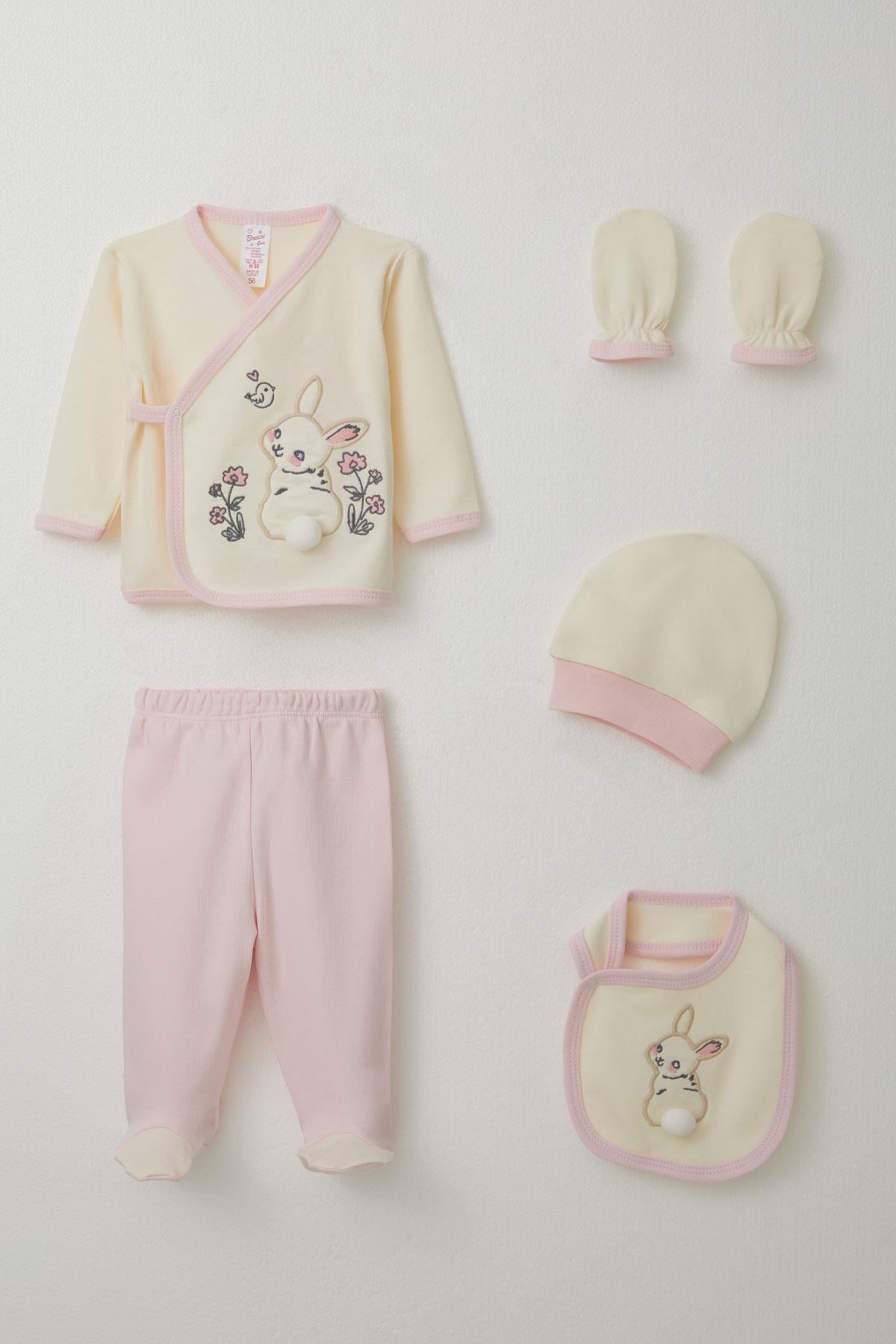Breeze Kız Bebek Hastane Çıkışı 5 li Tavşan Nakışlı & Çiçekli Krem (0-3 Ay)