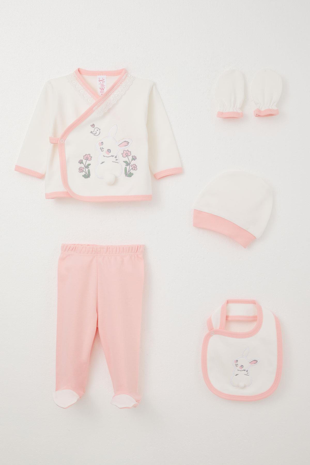 Breeze Kız Bebek Hastane Çıkışı 5 li Tavşan Nakışlı & Çiçekli Ekru (0-3 Ay)