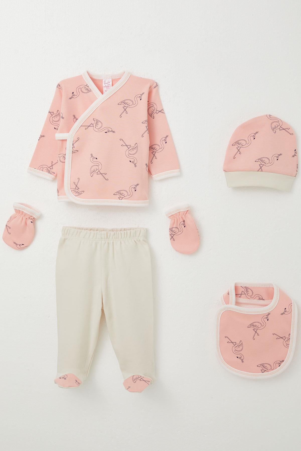 Breeze Kız Bebek Hastane Çıkışı 5 li Unıcorn Flamingo Desenli Somon (0-3 Ay)