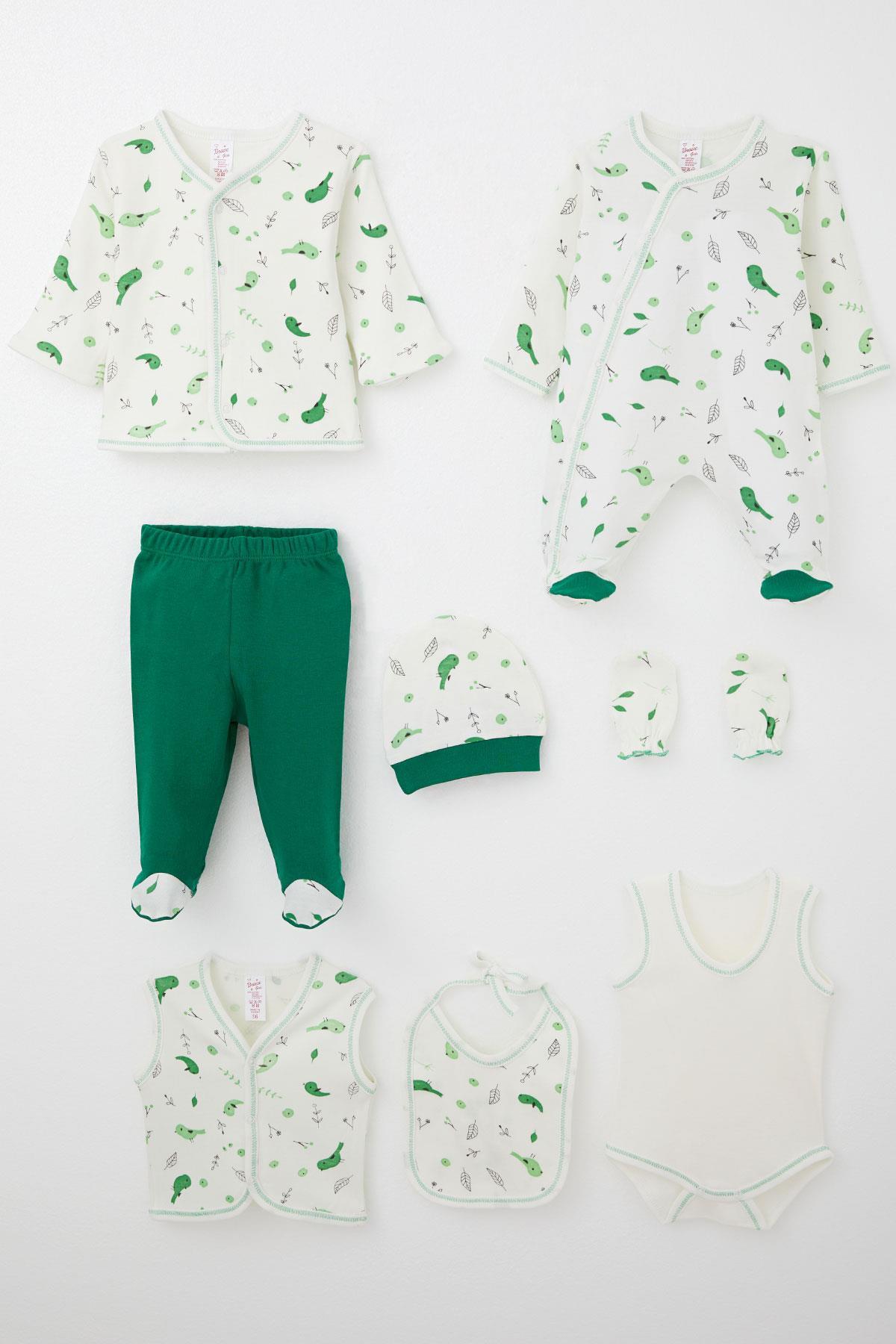 Breeze Kız Bebek Hastane Çıkışı 8 li Bahar Temalı Sevimli Minik Serçe Desenli Ekru (0-3 Ay)