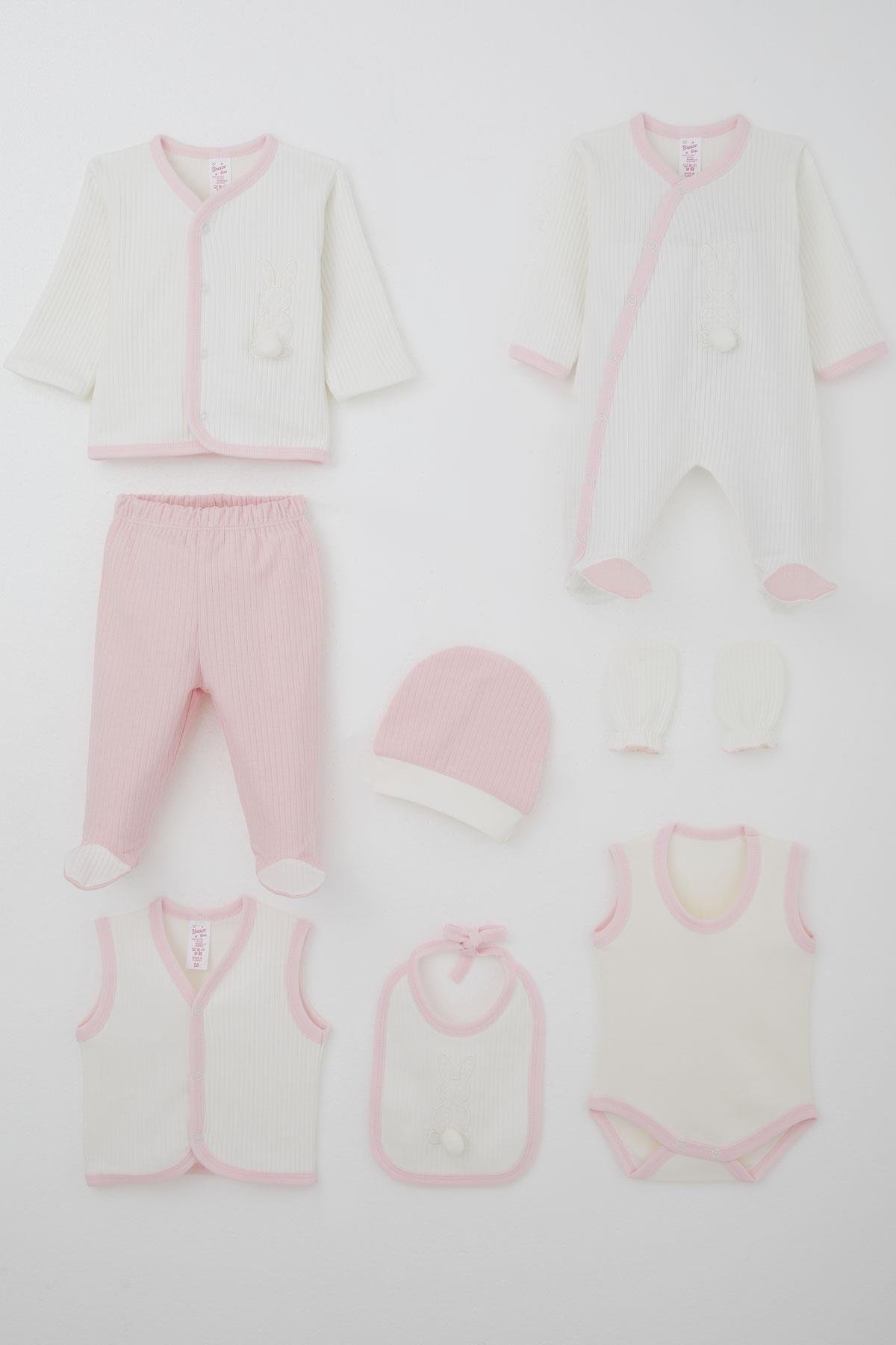 Breeze Kız Bebek Hastane Çıkışı 8 li Ponponlu Tavşancık Nakışlı Beyaz (0-3 Ay)