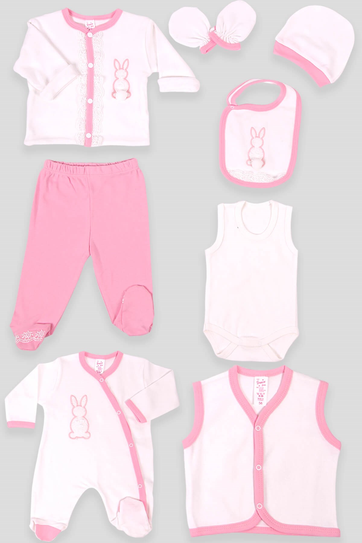 Breeze Kız Bebek Hastane Çıkışı 8'li Tavşanlı Ekru-Pembe (Yenidoğan)