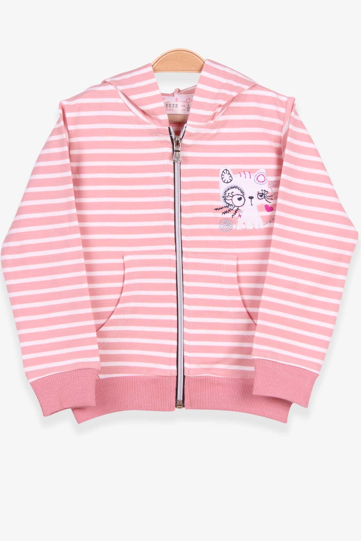 Breeze Kız Bebek Hırka Çizgili Kedi Nakışlı Gülkurusu (9 Ay-3 Yaş)