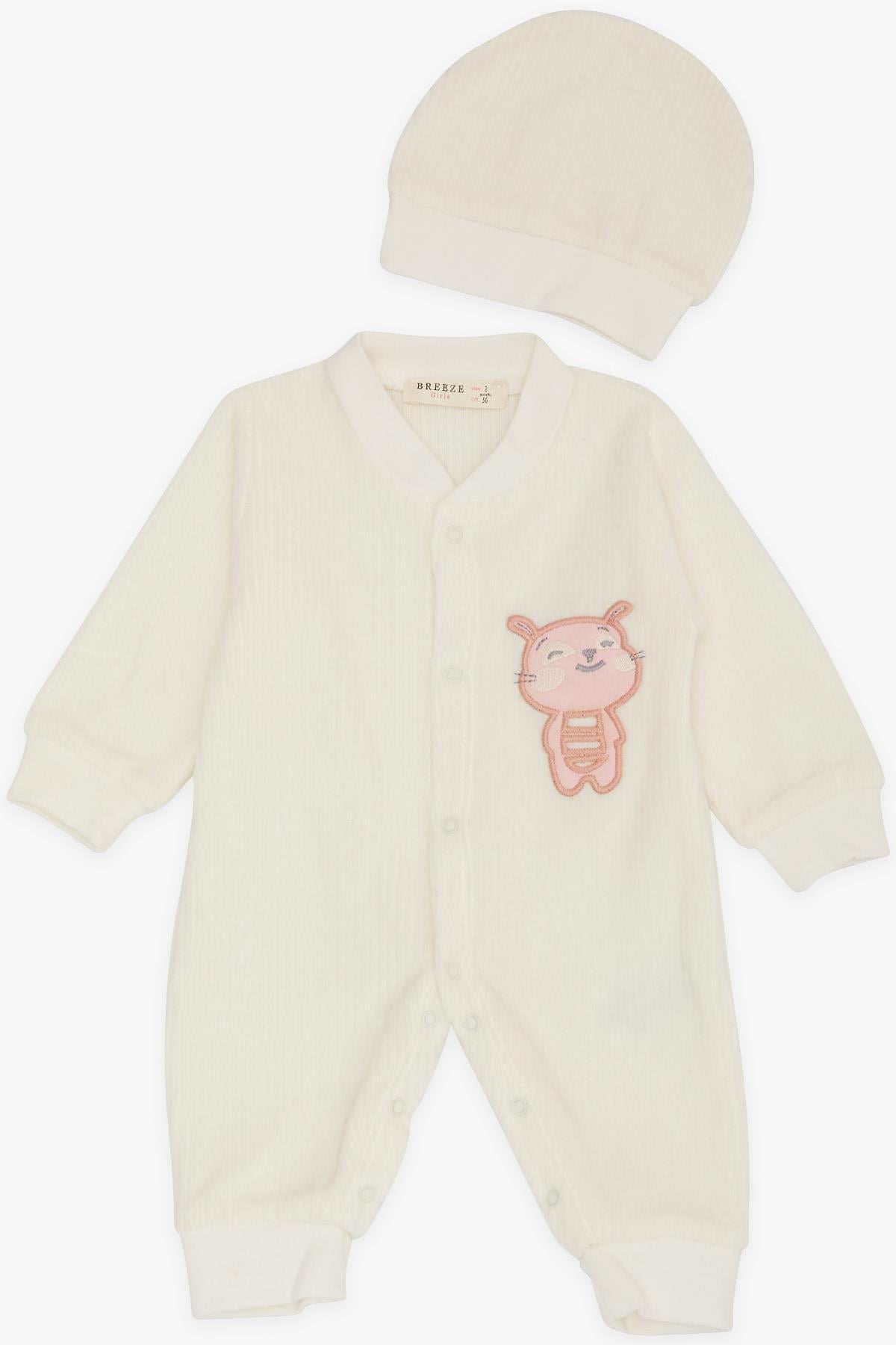 Breeze Kız Bebek Kadife Tulum Arıcık Nakışlı Ekru (0-3 Ay-6 Ay)