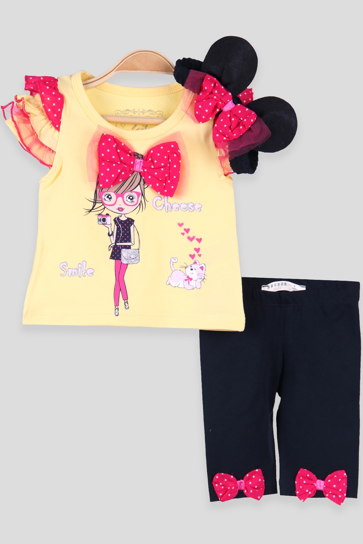 Breeze Kız Bebek Kapri Taytlı Takım 3 lü Fiyonklu Kız Baskılı  Sarı (6 Ay-2 Yaş)